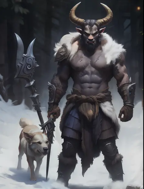 arafed man in armor with a horned head and a dog, fit male demon with white horns, fur-clad barbarian goliath, a minotaur wolf, ...