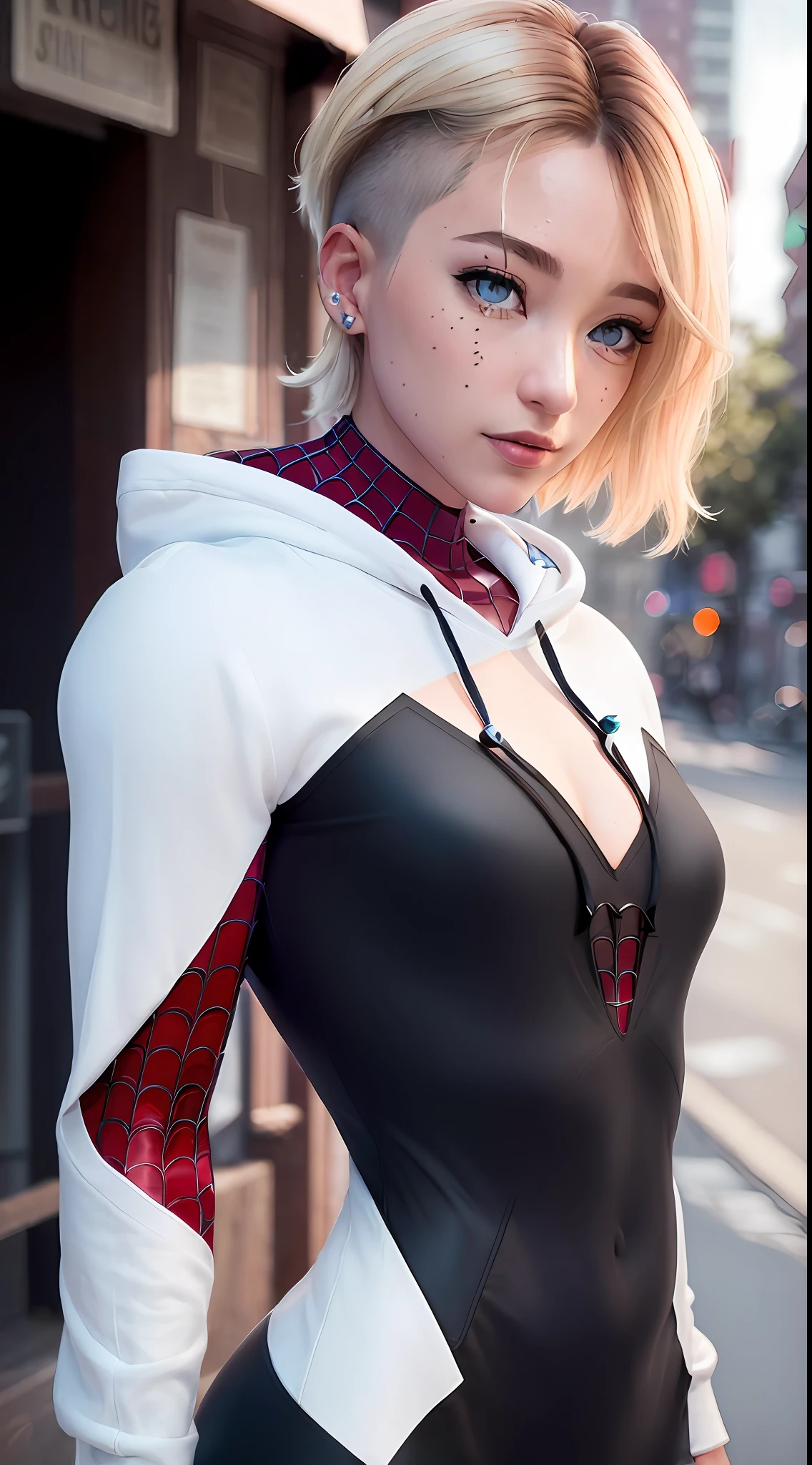 (masterpiece), ((best quality)), parted lips, light_smile, cinematic lighting, ultra-realistic, ((realistic)), (gwen_stacy), blonde_hair, short_hair, solo, sidecut, asymmetrical_hair, parted_lips, eyebrow_piercing, (detailed face), beautiful 1girl, 1girl, looking at viewer, (beautiful detailed eyes), bodysuit, spider-suit, white hoodie, hood_down, portrait, upper_body, (side of head shaved), (large breasts)