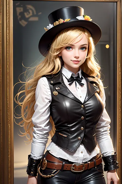 Clock and gear room, long blonde fringed hair, brown eyes, 1 girl, top hat, smile, innocence, white blouse, leather vest, leathe...