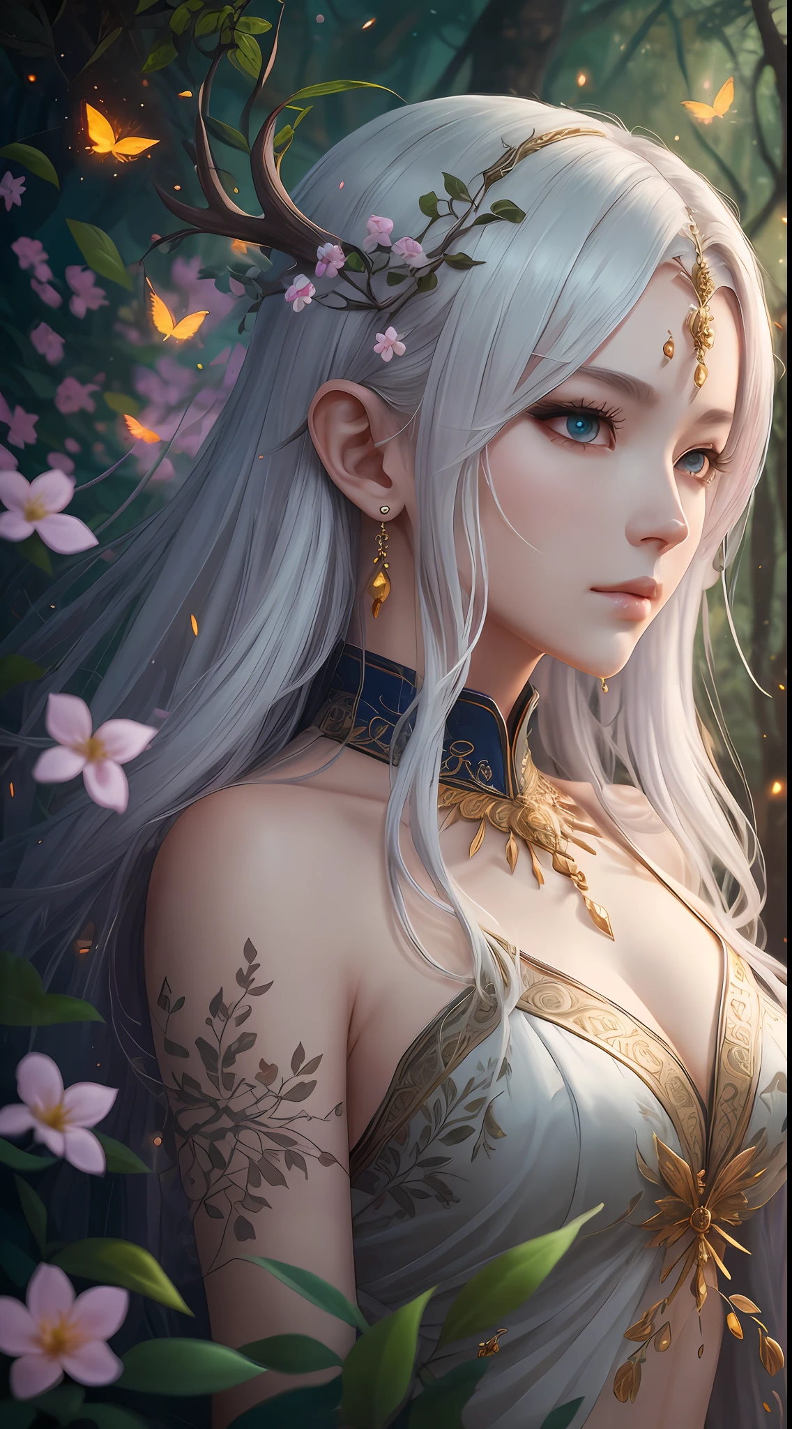 Masterpiece, best quality, (very detailed CG unified 8k wallpaper), (best quality), (best illustration), (best shadow), close-up of a beauty with white hair and white mask, beautiful figure painting, Guvitz, Guwiz style artwork, white-haired god, Yang J, epic exquisite character art, amazing character art, Fan Qi, Wu Zhun Shifan, Guwiz in pixiv art station, glowing elf, with a glowing deer, drinking water in the pool, Natural elements in forest theme. Mysterious forest, beautiful forest, nature, surrounded by flowers, delicate leaves and branches surrounded by fireflies (natural elements), (jungle theme), (leaves), (branches), (fireflies), (particle effects) and other 3D, Octane rendering, ray tracing, super detailed