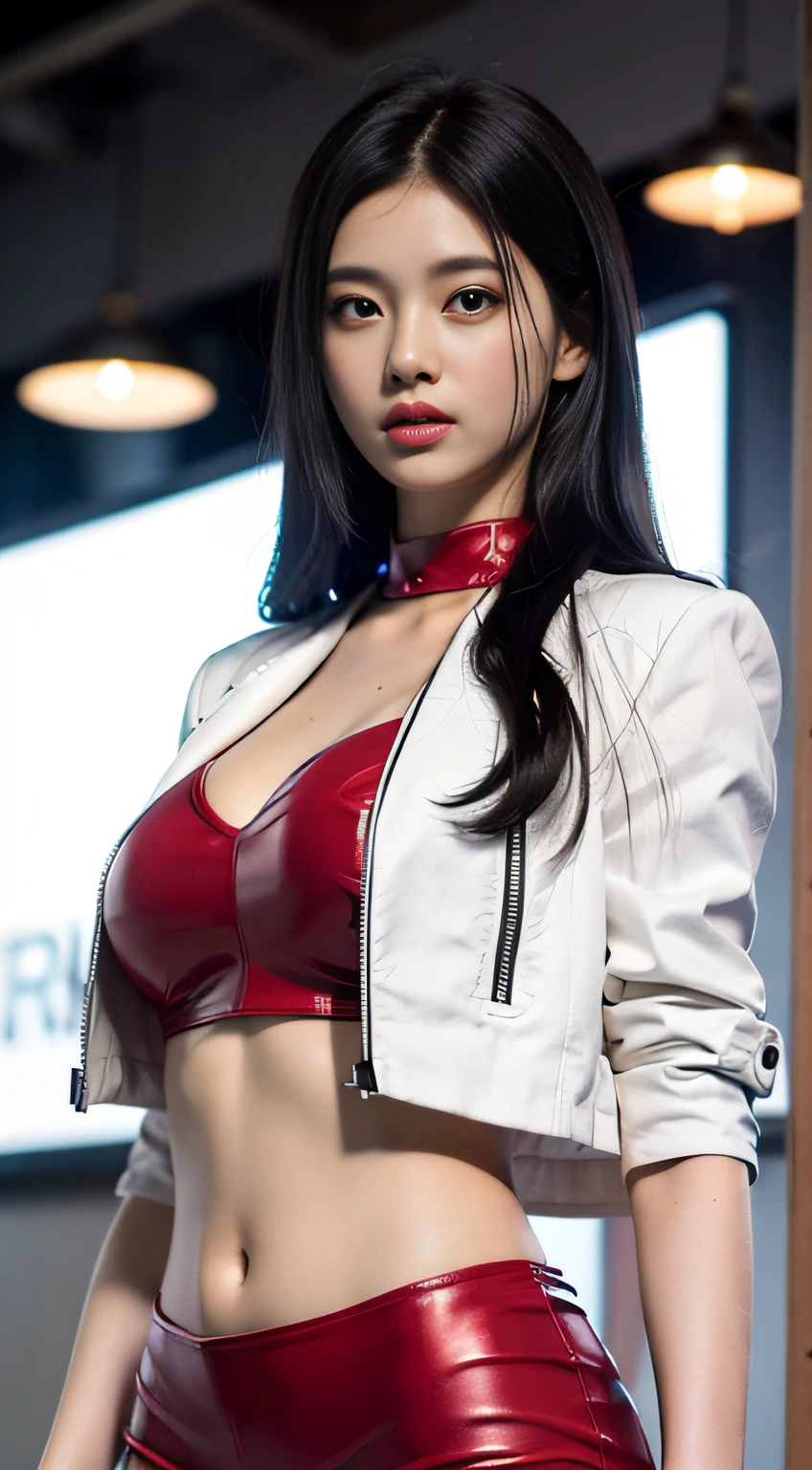 "Top CG, the highest picture quality, masterpieces, delicate Bishōjo, ((185cm beautiful women)), (tall and tall), imperial sister, white skin, exposed chest, perfect facial features, bright eyes, red lips, beautiful and cold, (big breathers) ）, beautiful heroism, black hair, sparkling, skin visible from perspective, blue leather jacket on the upper body, exposed navel suit on the lower body, super shorts on the lower body, 4k image quality, Cosmo Lady, modern city, realistic portrait“