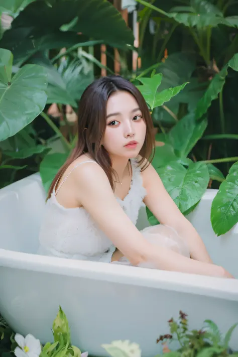 there is a woman sitting in a bathtub with a plant in the background, a young asian woman, young asian woman, young asian girl, ...