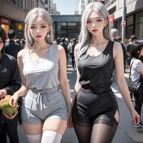 urban beautiful girl, masterpiece, light makeup, red lips, silver hair, messy long hair, street background, beautiful, elegant. ...