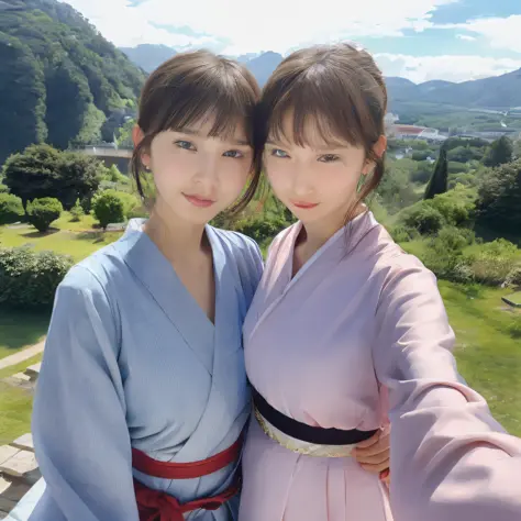Two women in kimonos are posing for photos in the park, 8k selfie, Sakimi-chan HDRI, 8k)), Nikuseu and Sakimi-chan, Sakimi-chan, kimono, hangf, simple robe, wearing Japanese clothes, 4k], 4k], Ayami Kojima and Yulla Nova