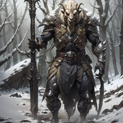 An evil warrior, with goat face, evil face, black goat, villain, strong, large, holding an ordinary spear, sample chest, medieva...