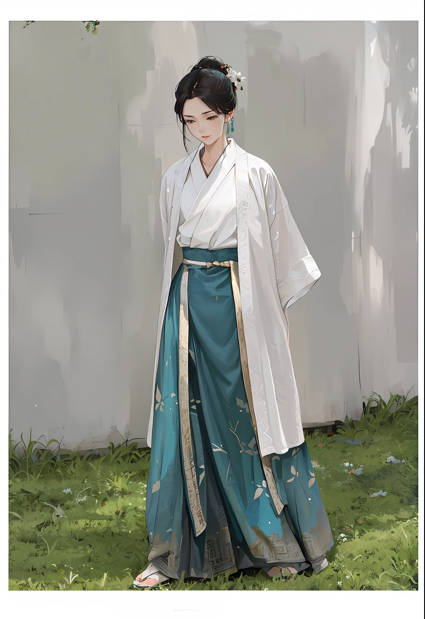 uma mulher com uma camisa branca e saia azul em pé na grama, white Hanfu, Hanfu, longo e lindo quimono esvoaçante, roupa branca e azul-petróleo, vestindo roupas chinesas antigas, roupas tradicionais chinesas, quimono clássico, quimono claro e colorido, longo manto branco esvoaçante, vestes de pano inspiradas em dragões, vestindo um longo manto esvoaçante, vestindo um manto de seda branco