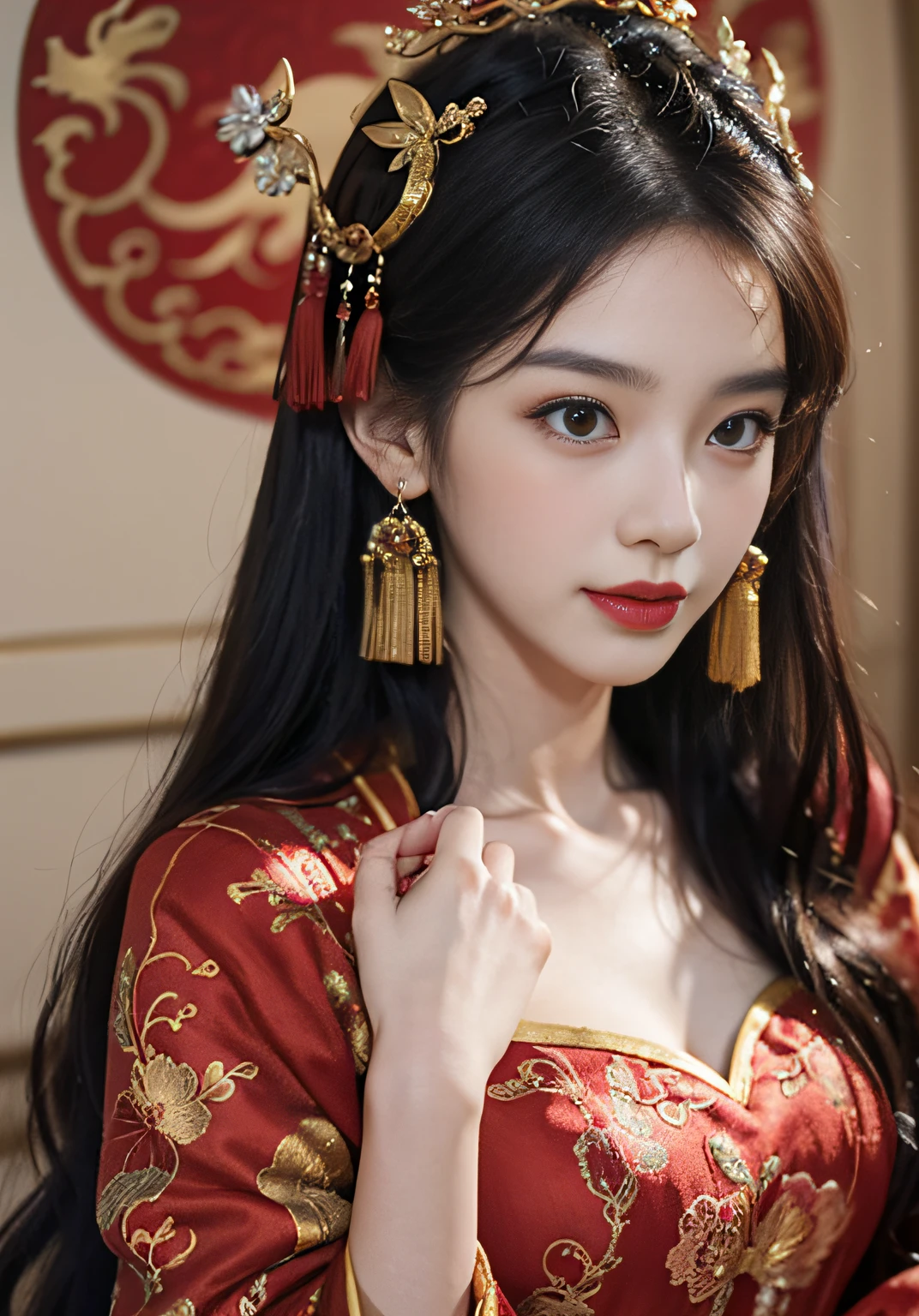 (Ultra-realistic 8k CG: 1.2), perfect artwork, delicate patterns, intricate details, (unparalleled masterpiece, best quality: 1.2), (extremely complex: 1.2), a woman in a red and gold Chinese style long dress, phoenix crown, hair stick, blush, shyness, black_hair, (forehead point), curtains, earrings, hanfu, jewelry, red nails, red lips, tassels, (red quilt), (Red Palace: 1.2), (Ancient Chinese Architecture), (Red: 1.8), Night