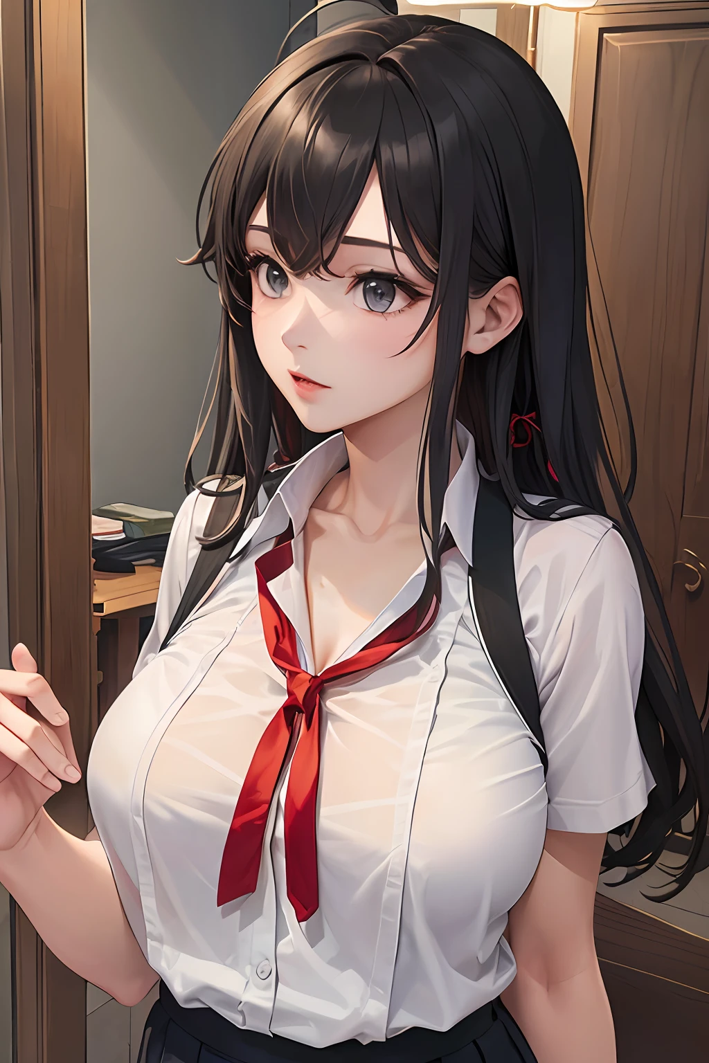 (((Masterpiece, Top Quality, Best Quality, Official Art, Beautiful and Aesthetic: 1.3))), (1 Girl: 1.5), (Front)))), Very Detailed, Sexy, Supreme Detailed, (School Uniform)))), (Fury)))), Black Hair, (Shiny Skin), (Many Colors: 1.1), ((Big)))), Large breasts, Light areola