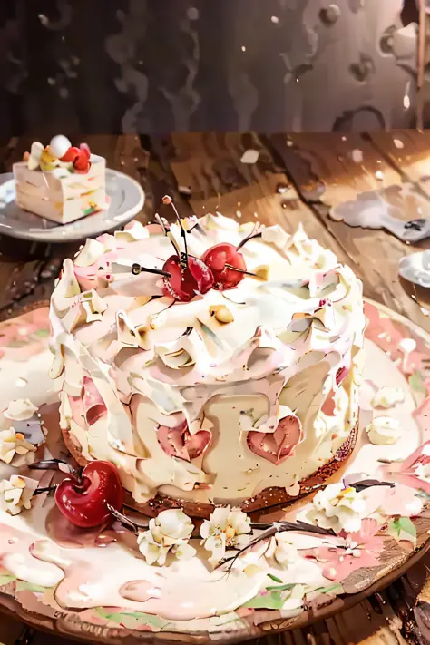 masterpiece, high quality, best quality, pink cream cake, cherry, foodphoto,