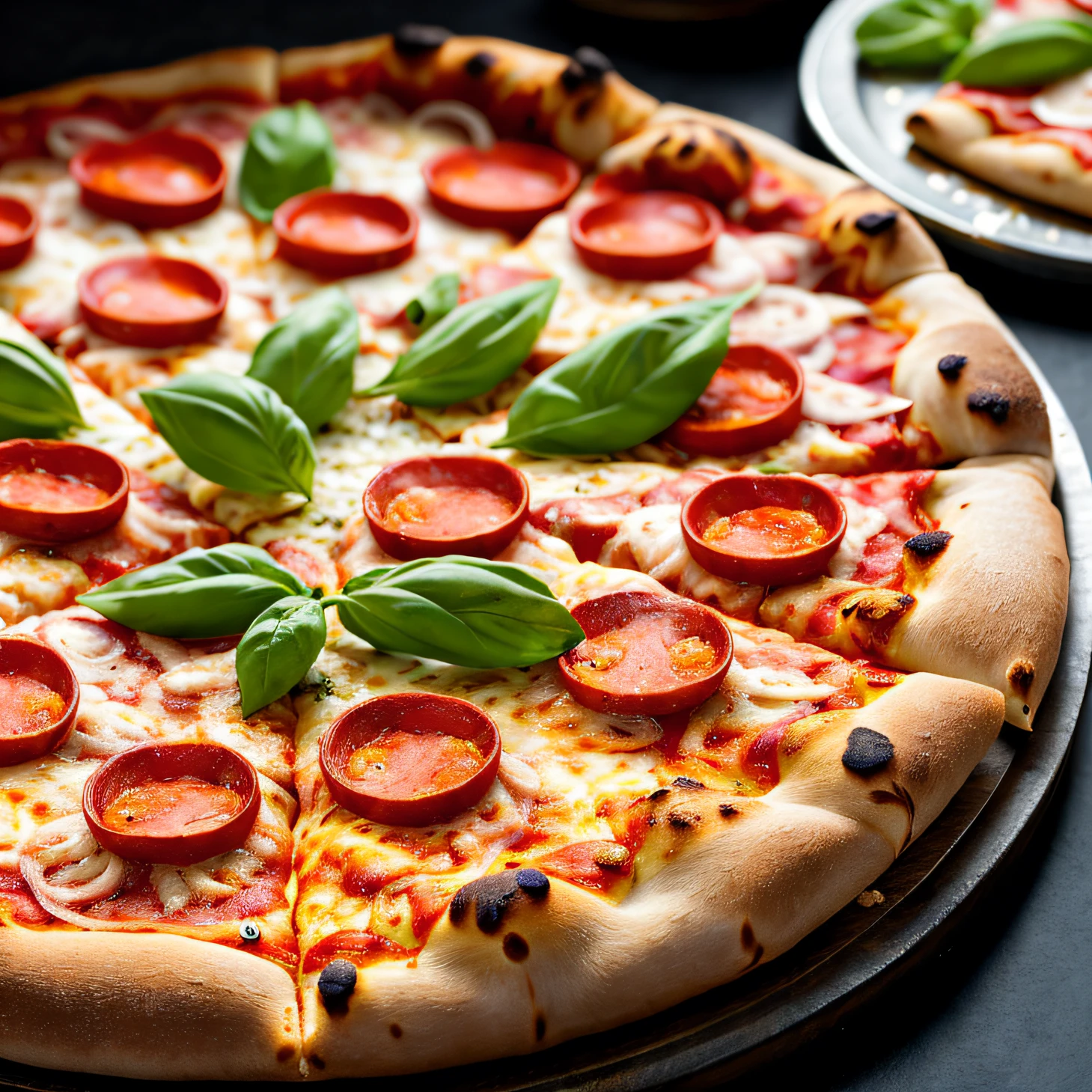 ((Macro photograph of Pizza)) 8k, 4k, detailed, attractive, beautiful, impressive, photorealistic, realistic, cinematic composition, volumetric lighting, high-resolution, vivid, detailed, stunning, professional, lifelike, crisp, flawless, DSLR, 4k, 8k, 16k, 1024, 2048, 4096, detailed, sharp, best quality, high quality, highres, absurdres