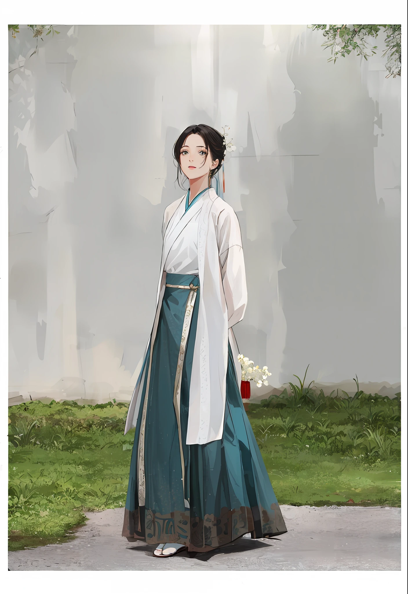 eine Frau in einem langen Kleid und einem weißen Hemd steht auf einem Bürgersteig, weißer Hanfu, hanfu, traditionelle chinesische Kleidung, weißes und blaugrünes Kleidungsstück, das Tragen antiker chinesischer Kleidung, mit antiker chinesischer Kleidung, inspiriert von Gu An, Palast ， Ein Mädchen in Hanfu, traditionelle Kleidung, mit langen, fließenden Kleidern bekleidet, Stil von Guohua, Japanische Kleidung