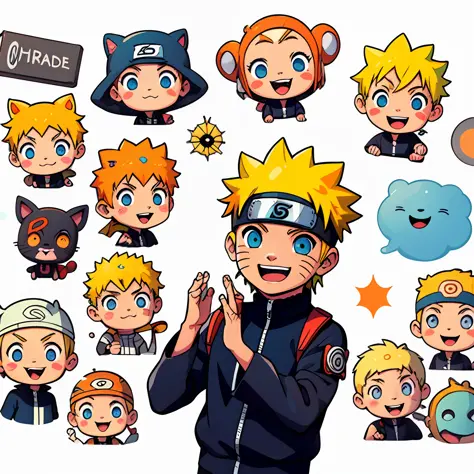 1 sticker, hand account, (sticker, a boy, Naruto Uzumaki, Q version, laughter, cheerful), white background, simple background, p...