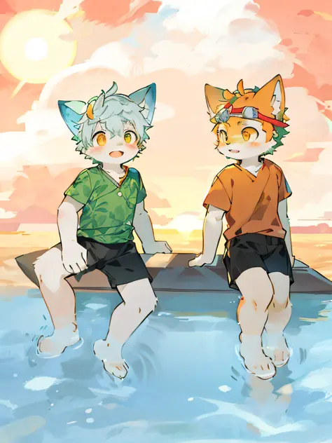 There are two cats sitting on the boat in the water, dusk, sun, sand, (the cat on the left has blue ears, green leaf clothes, bl...