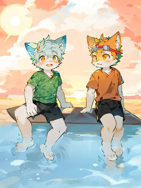 There are two cats sitting on the boat in the water, dusk, sun, sand, (the cat on the left has blue ears, green leaf clothes, bl...