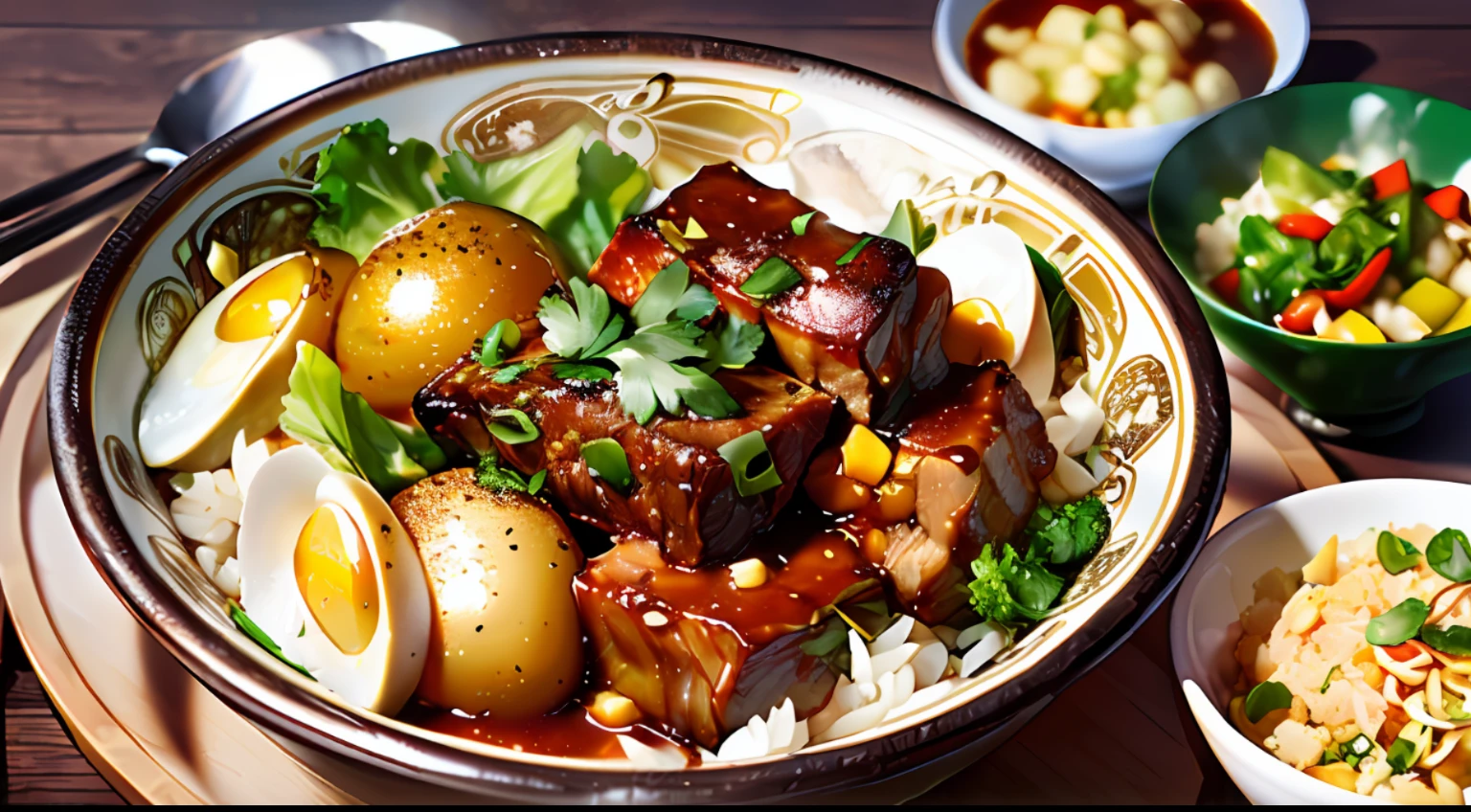 (A bowl of golden egg fried rice, yellow gold, Guangdong Roast Pork: 1.4, greens, Beijing roast duck: 1.3, beef stew: 1.2, bright colors and tempting appetite, exquisite presentation, fragrant taste, folk snacks)