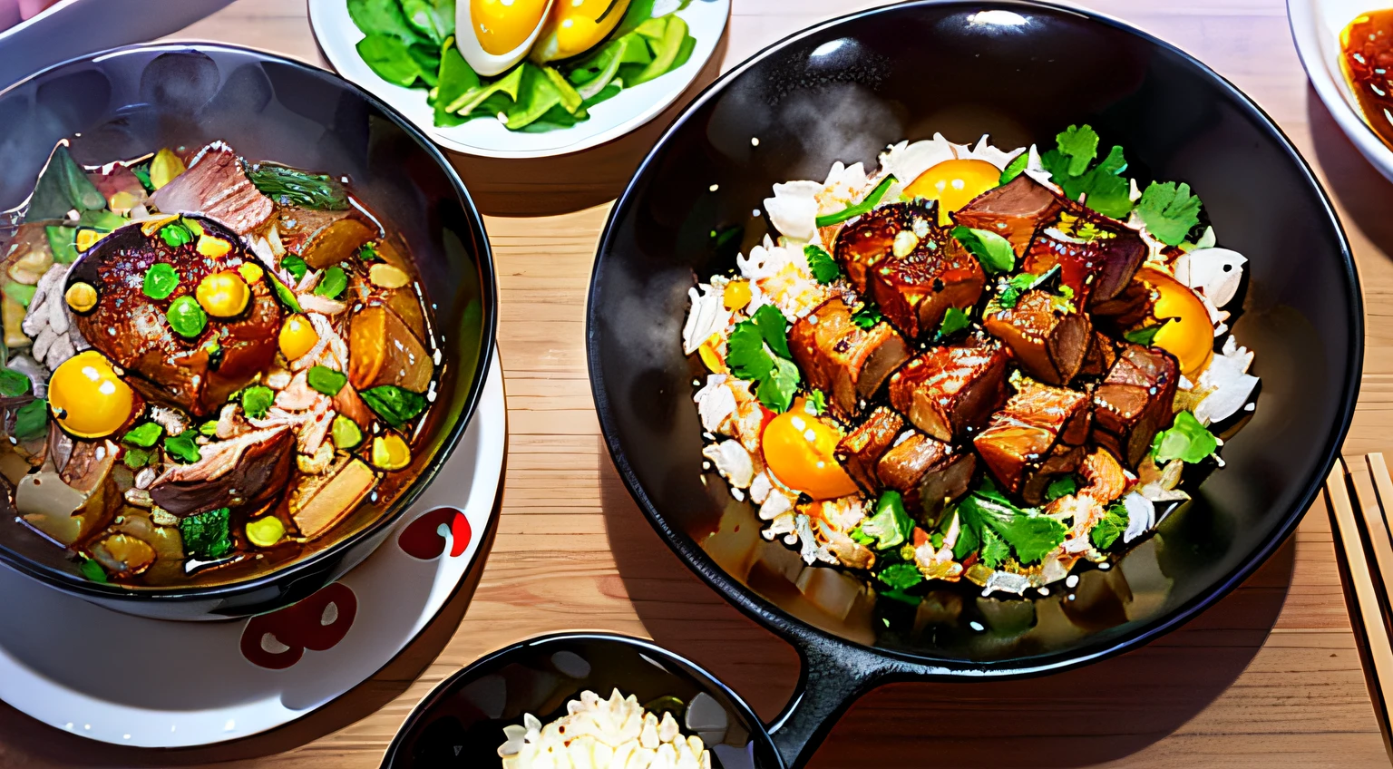 (A bowl of golden egg fried rice, yellow gold, Guangdong Roast Pork: 1.4, greens, Beijing roast duck: 1.3, beef stew: 1.2, bright colors and tempting appetite, exquisite presentation, fragrant taste, folk snacks)