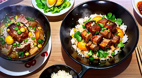 (A bowl of golden egg fried rice, yellow gold, Guangdong Roast Pork: 1.4, greens, Beijing roast duck: 1.3, beef stew: 1.2, brigh...