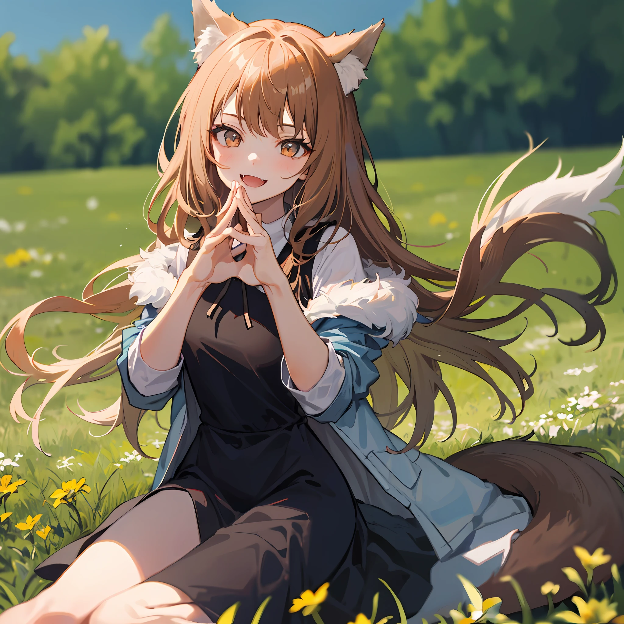 1 girl, portrait, animal_ears, bangs, brown_hair, floating_hair, holo, jacket, long_hair, outdoors, neck pouch, fangs, smile, slender, (blue dress), (fur dress), smile, meadow, solo, (tail), wolf_ears, wolf_girl, wolf_tail,detailed hands, detailed feet, Detailed fingers, sitting, ((wolf next to it))