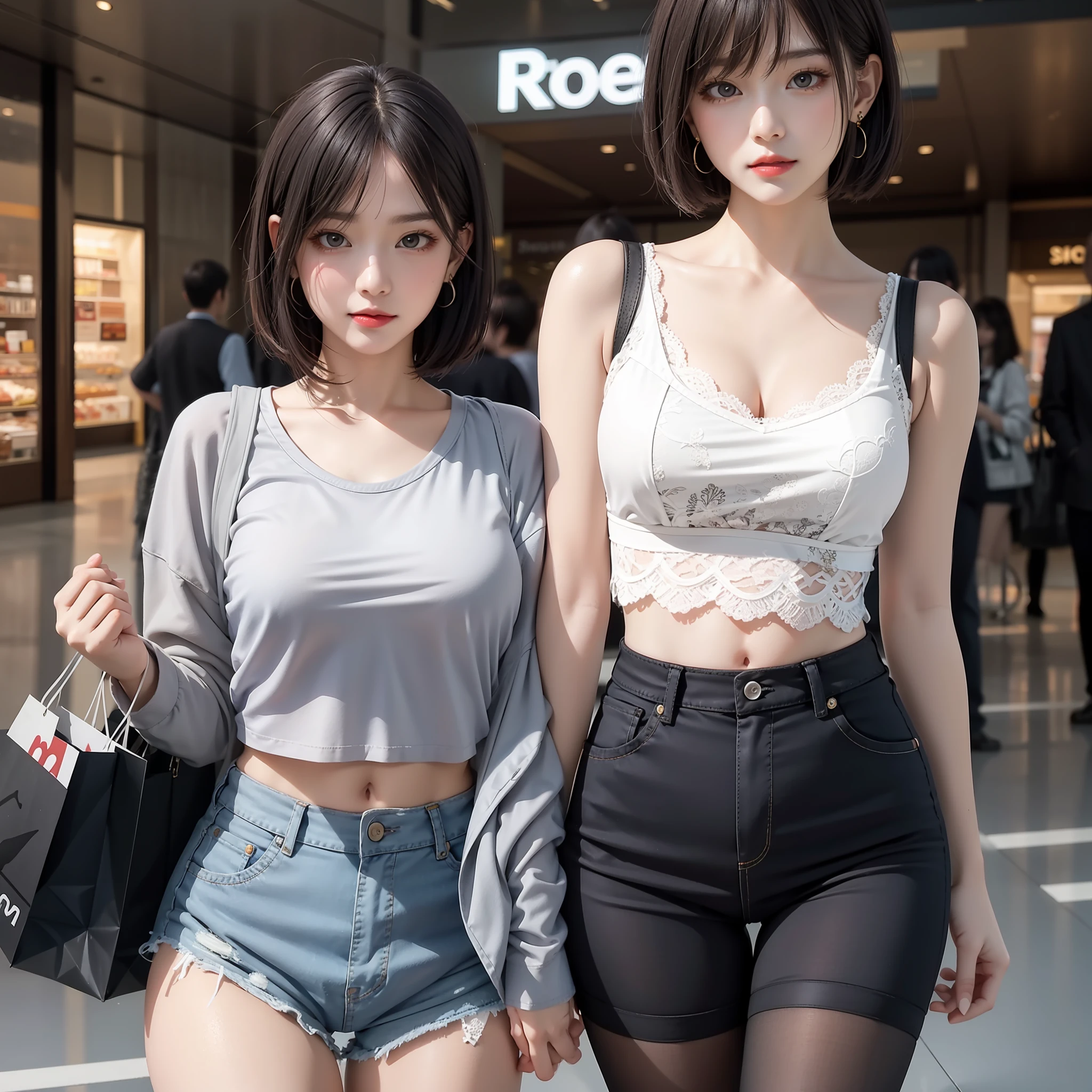 Urban beauty, masterpiece, light makeup, red lips, short hair, shopping mall background, beautiful, elegant. Ultra-fine details, master works, real texture, cinematic lighting realism, perfect works, 8k, high definition, exquisite facial features. The upper body is wearing an elastic sports crop top, and the exposed small man's waist looks white and clean. The lower body is wearing denim shorts lace, sexy tights, and the S-shaped curved body looks very smooth. Slim figure, pear-shaped body, rounded hips, slender small man's waist, sexy chest, vest line, collarbone, bright big eyes, smooth skin, earrings, tattoos, slender long legs. Deep in the human, cat cherry lips. Perfect waist-hip ratio
