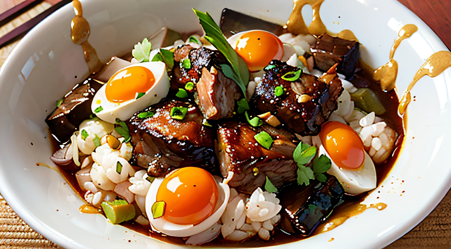 (Eine Schüssel gebratener Reis mit goldenem Ei, Gelbes Gold, Schweinebraten aus Guangdong: 1.4, Grüns, Gebratene Pekingente: 1.3, Rinderragout: 1.2, leuchtende Farben und verlockender Appetit, exquisite Präsentation, aromatischer Geschmack, Volkssnacks)