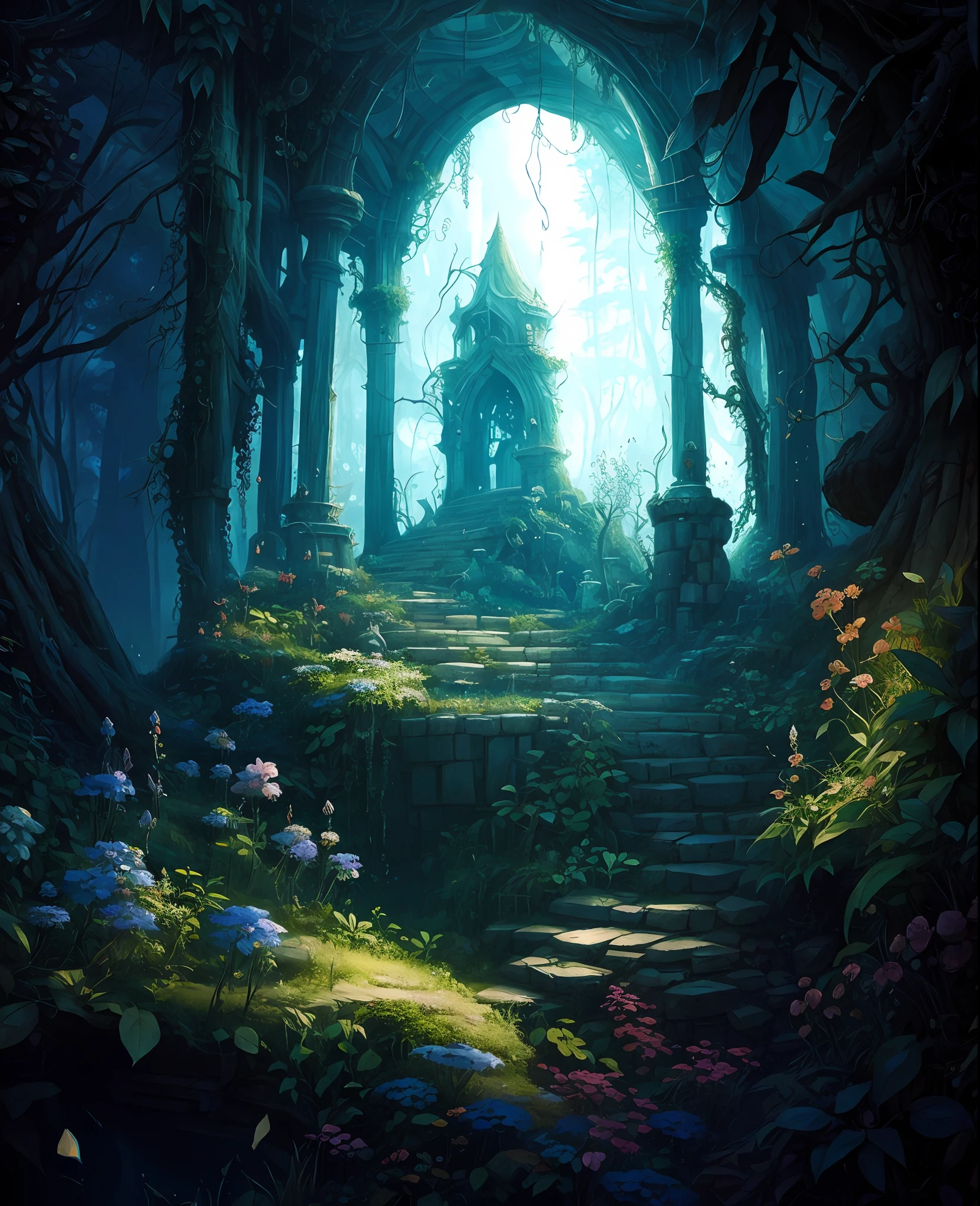 a painting of a dark forest with stairs leading to a stone structure, ancient magical overgrown ruins, fantasy magical vegetation, secret overgrown temple, magical fantasy forest, fantasy overgrown world, detailed fantasy digital art, ancient ruins in the forest, fantasy art style, inspired by Andreas Rocha, beautiful detailed fantasy, fantasy style art, enchanted magical fantasy forest