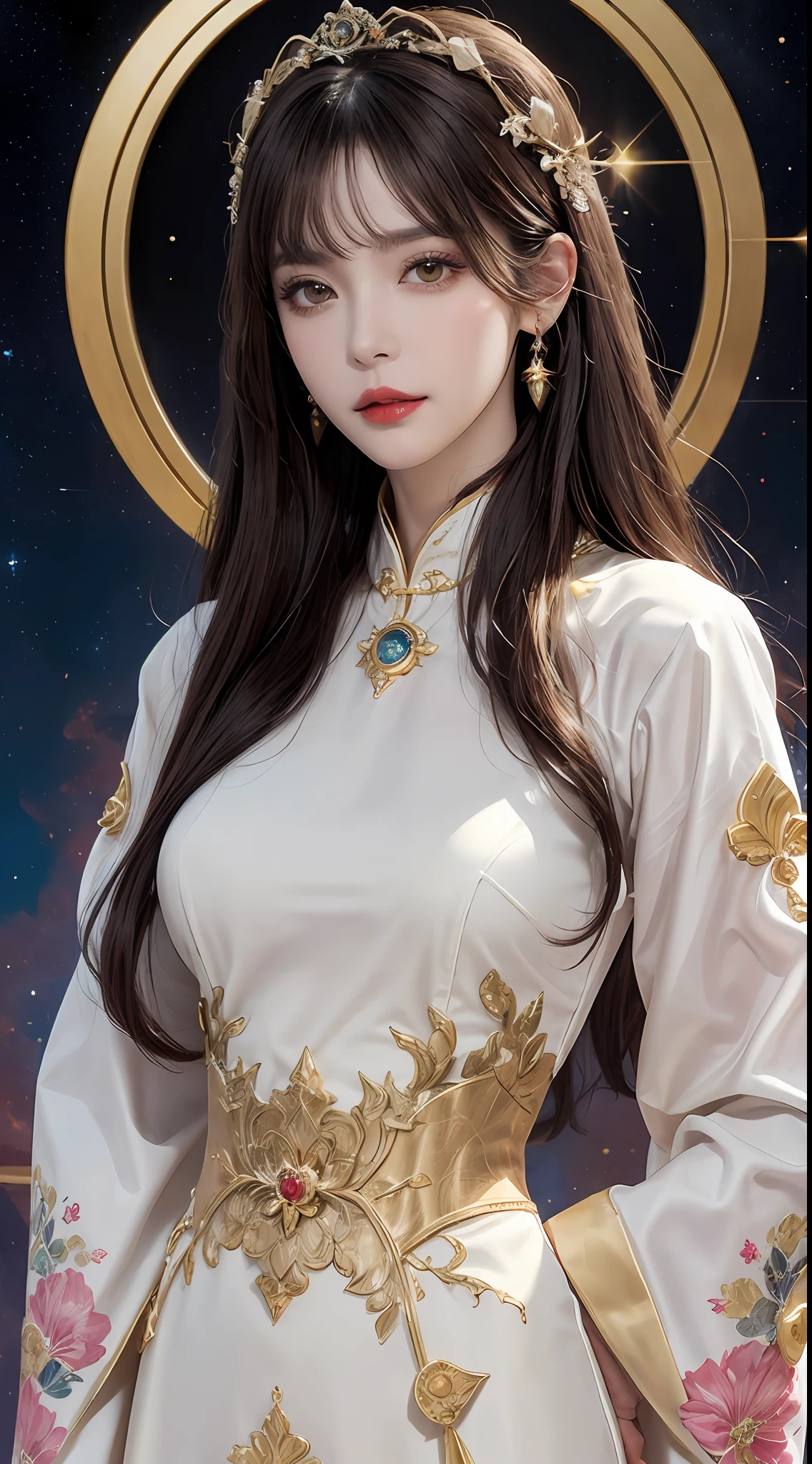 1 เด็กหญิงอายุ 27 ปี, 1 ราศี goddess from the future, goddess of the pink and purple 12 ราศีs, the goddess of the ราศี in a yellow ao dai, a 12 ราศี ao dai with many black lace detail, mythology Goddess of the 12 ราศีs from the future, ราศี ♏, luxurious glittering ราศี style, เวอร์ชั่นมืดมนและลึกลับ, ราศี crown, ลิปสติกริมฝีปากสีแดง, ริมฝีปากบางและสวยงาม, รอยยิ้มทำให้ผู้ชมตกหลุมรัก, ตัวละครที่สร้างโดย karol bak และ pino daeni, รายละเอียดที่ซับซ้อน, พื้นหลังโดยละเอียด, มีรายละเอียดมาก, เวทมนตร์แห่งแสง, ผู้หญิง, หน้าใส, look at the face of goddess zodialook at the ราศี goddess face, ผมยาวมีหน้าม้า, ใบหน้าที่สวยงามในรายละเอียดและดวงตาที่ได้สัดส่วนที่ดี, (ดวงตาสีเหลืองใส: 1.8), ดวงตากลมโตและการแต่งหน้าที่สวยงามและละเอียดมาก, ความสุขุม, ชุดผ้าไหม, การแต่งหน้าลึกลับ, ผมหน้าม้าสองเท่าและย้อมสีบลอนด์อ่อน, ร่างกายส่วนบน, ราศี goddess ร่างกายส่วนบน, แขนห้อยหลวมๆ, ภาพที่สมจริงและสดใส, (stars make up the ราศี: 1.7), (sky background ราศี and fictitious space and time portal: 1.8), นิยายศิลปะ, ภาพดิบ, รูปภาพฮันฟู่, ภาพที่ดีที่สุด, ภาพที่ดีที่สุด quality, คุณภาพระดับ 8K, 8k อัลตร้า, สมจริงสุดๆ, ภาพถ่ายจริงประหยัดที่สุด, artistic portrait of goddess ราศี,