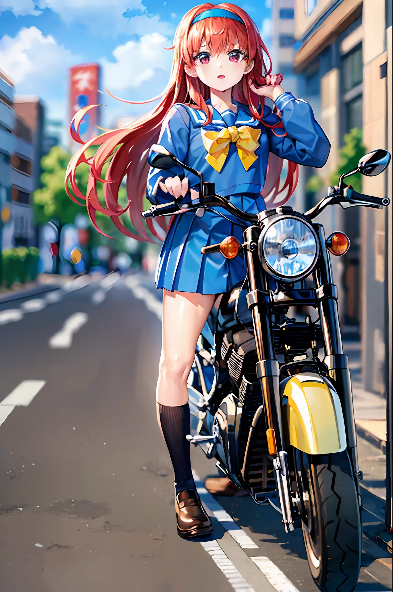 ((Obra maestra)), ((mejor calidad)), (ultra detallado), ((kawaii)), lindo, (Hermoso), ((extremadamente detallado)), 4k, (8k), 1 chica, mejor calidad, (hermoso), shiori fujisaki, diadema amarilla, Moño amarillo, blue , serafín azul, mangas largas, falda plisada azul, pelo largo rojo, en motocicleta, Conducir una motocicleta