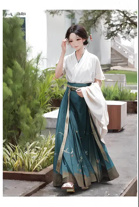 a woman in a long skirt walking down a sidewalk, hanfu, traditional chinese clothing, white hanfu, with acient chinese clothes, ...