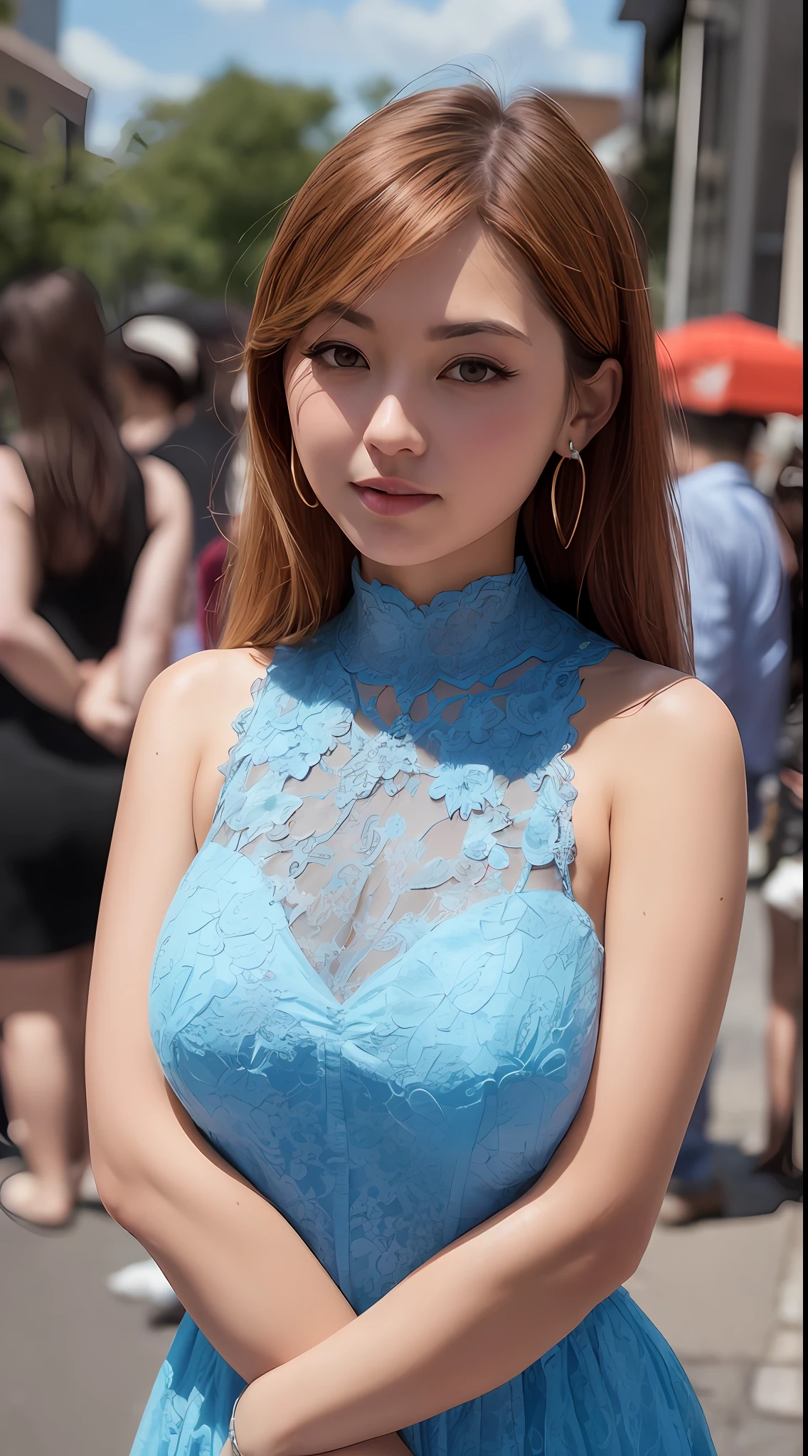 Woman posing on street corner in blue china dress, top quality, high resolution, 8k, girl, 1 person, (huge breasts), daytime, bright, outdoor, (street: 0.8), (people, crowd: 1), (lace) -trimmed dress: 1.5, light orange dress: 1.5, orange high neck dress: 1.5, sleeveless dress, orange dress: 1.5), gorgeous, (medium hair), Beautiful detailed sky, beautiful earrings, (dynamic pose: 0.8), (upper body: 1.2), soft lighting, wind, shiny skin, gaze, perfect fingers