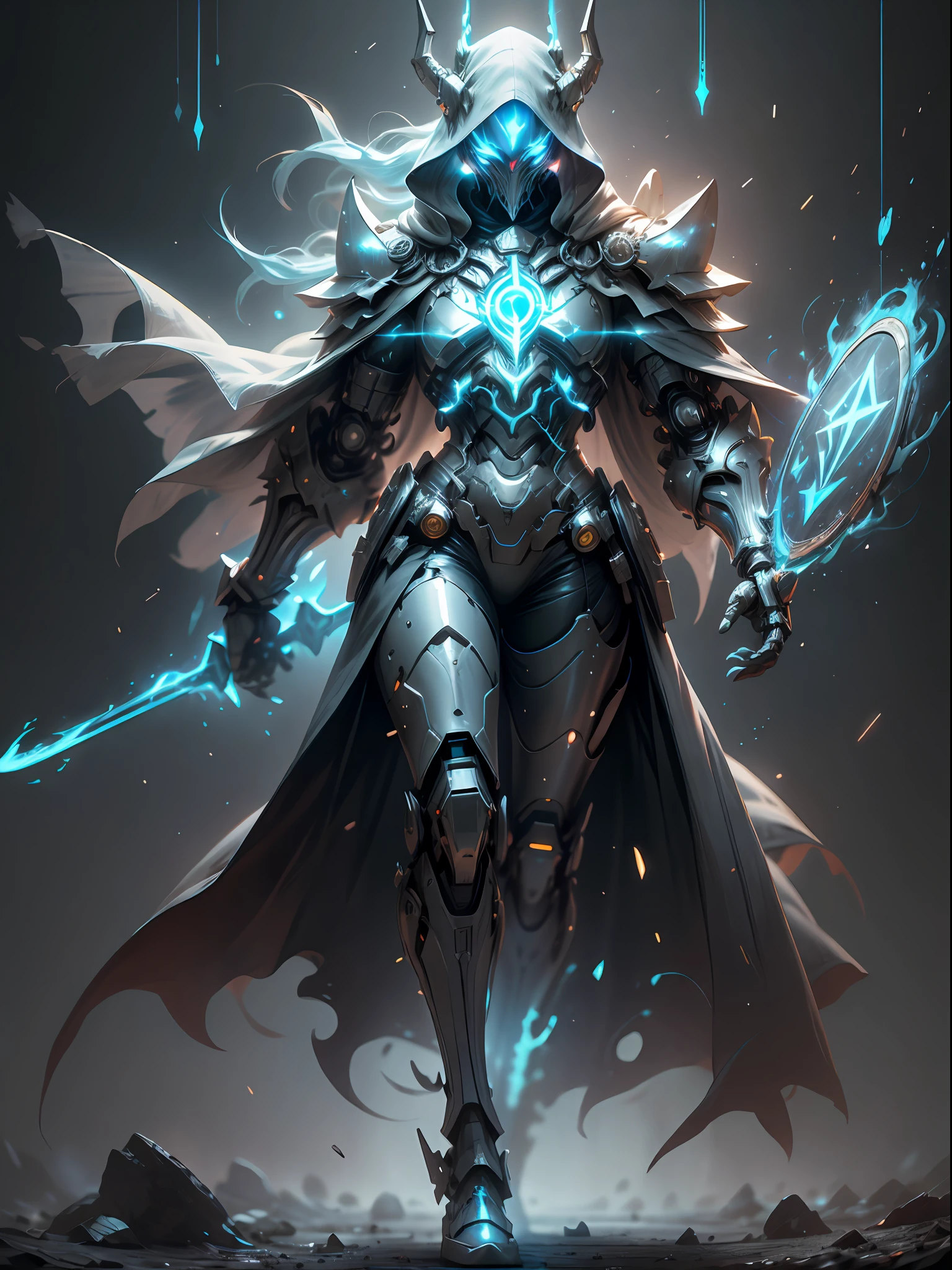 Blue Ghost Mage, super cool Ghost Mage, wearing blue mechanical armor, ghost fire surrounding, magical spells, burning fire in hand, proficient in spells, full body photo, perfect body proportions, with veil, glowing blue eyes, super detailed, realistic, shiny, reflective, bioluminescence, galactic cybernetic mask, mecha, (executioner: 1.2), cape, SH4G0D, GlowingRunes_red, full body, movie, dark background, backlight, high contrast,