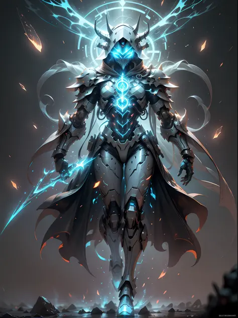 Blue Ghost Mage, super cool Ghost Mage, wearing blue mechanical armor, ghost fire surrounding, magical spells, burning fire in hand, proficient in spells, full body photo, perfect body proportions, with veil, glowing blue eyes, super detailed, realistic, s...