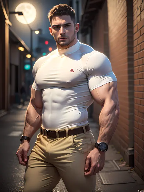 Character design (Resident Evil - Chris Redfield, Chris Redfield) wears a mie cream white high-neck stretch tight T-shirt, looks intoxicated and enjoyed, eyes slightly narrowed, mouth wide into an O-shape, expression enjoyment, deep and charming eyes, emer...