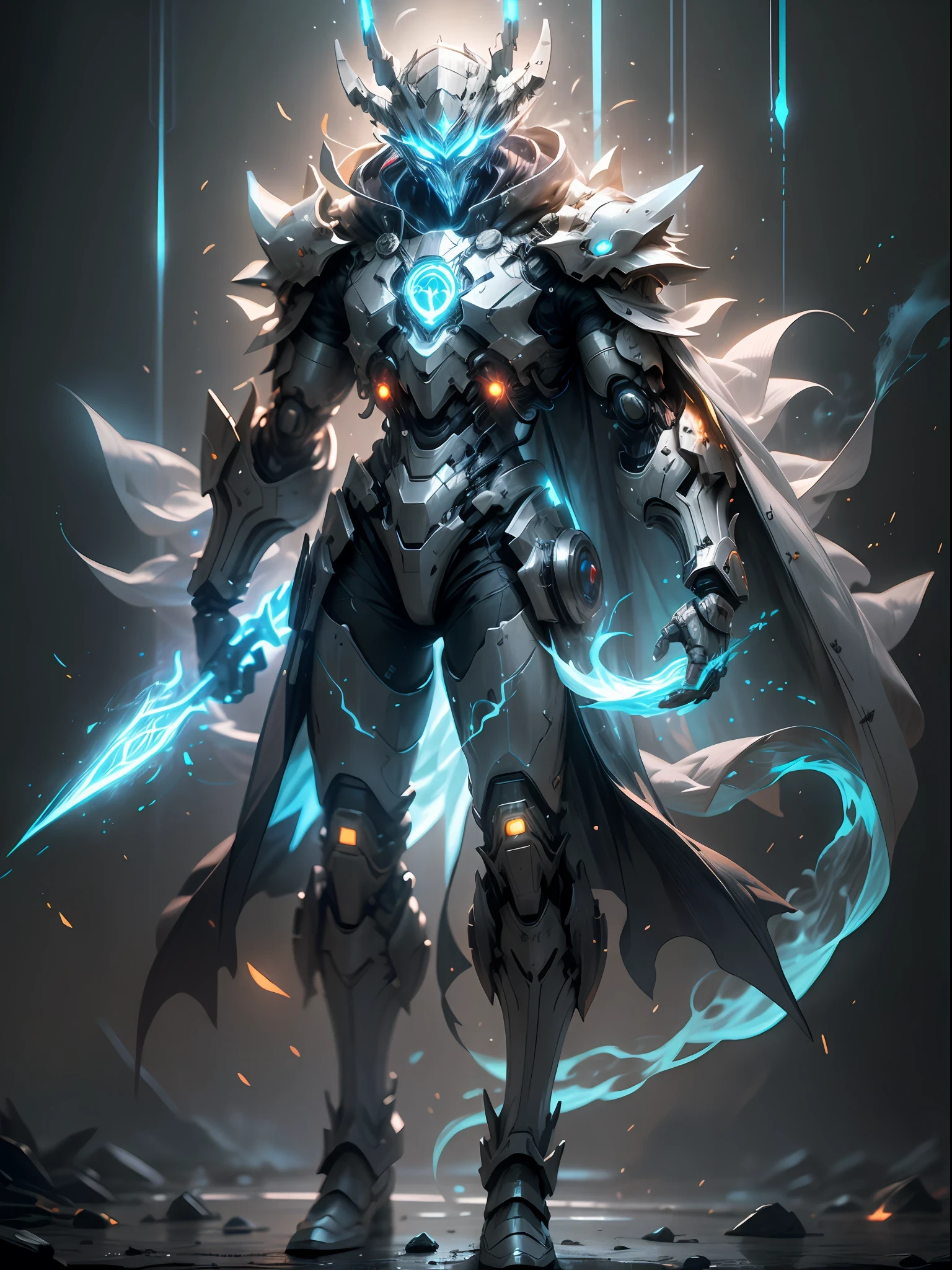 Blue Ghost Mage, super cool Ghost Mage, wearing blue mechanical armor, ghost fire surrounding, magical spells, burning red flames in his hands, proficient spells, magic formation pattern, full body photo, perfect body proportions, tall figure, with a veil, glowing blue eyes, super detail, realistic, shiny, reflective, bioluminescent, galactic cybernetics mask, mecha, (executioner: 1.2), cape, SH4G0D, GlowingRunes_red, full body, movie, dark background, backlight, high contrast,
