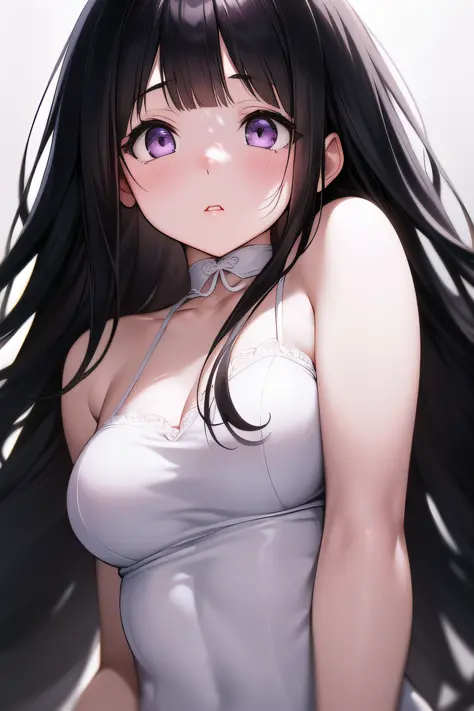 A superb exquisite Chitanda Eru, purple eyes, black hair, natural straight hair, straight bangs, extremely delicate, straight fa...