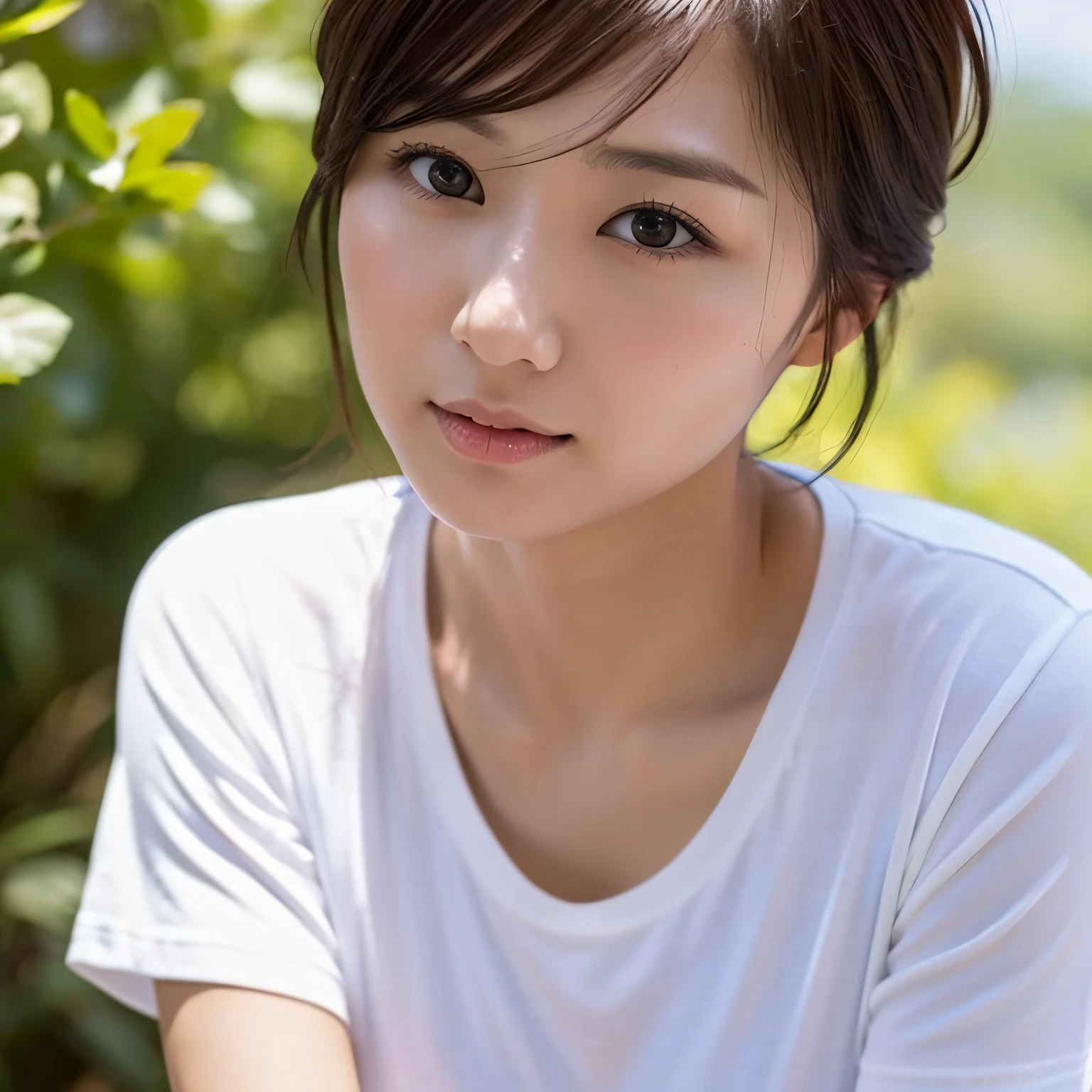 Japan, woman in her 30s, small breasts, thin, short-stature, short cut, boyish, plain white t-shirt, photo-like depiction, 8k depiction, sunlight, natural appearance, masterpiece, perfect --auto