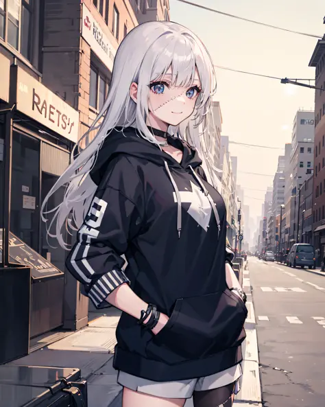 1girl, large breasts,stitched face, patchwork skin, closed mouth, long_hair, light smile,city,street, white hair, ,stitched_face,patchwork_skin,cowboy shot,( hoodie),(hand in pocket),