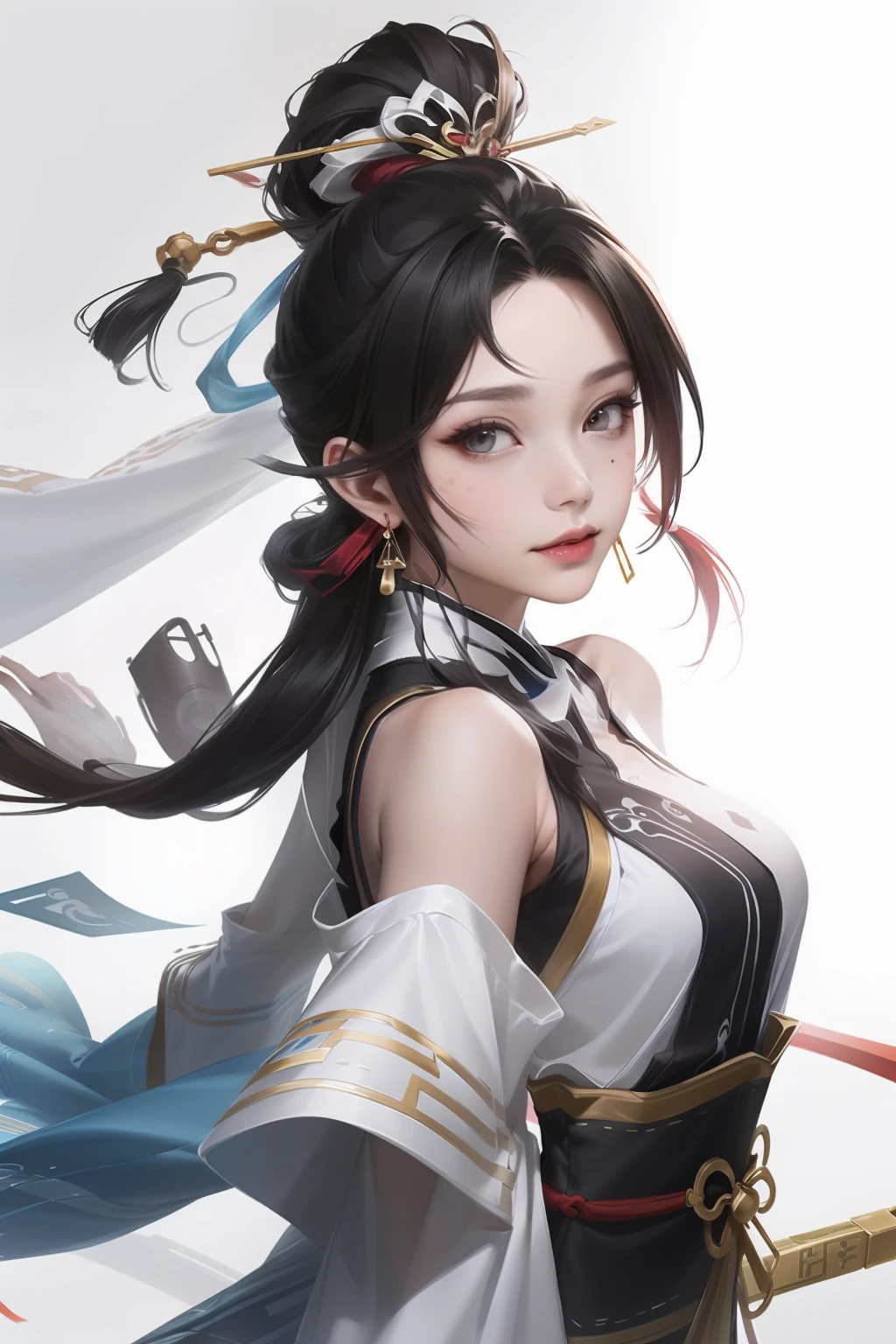 (Masterpiece, Top Quality, Best Quality), ((Wuxia World, Xiuxian, Chinese Wuxia,)), (1 Girl Solo), (Gentle Eyes), (Hanfu, Tulle Streamer), (Hairpin, Long Black Hair), (Hanfu), Light Pink Lips, (Young), Earrings, White Skin, (Clear Facial Features, Detailed Skin Texture, Beautiful Face, Facial Highlight, Above Legs), White Background, Standing, Facing the Viewer, Slim Figure, Color Ink Painting, Splash Color, Sketch, Denoise, Splash Ink, 8k UHD, DSLR, soft light, high quality, high resolution, (very detailed CG unity 8k wallpaper)