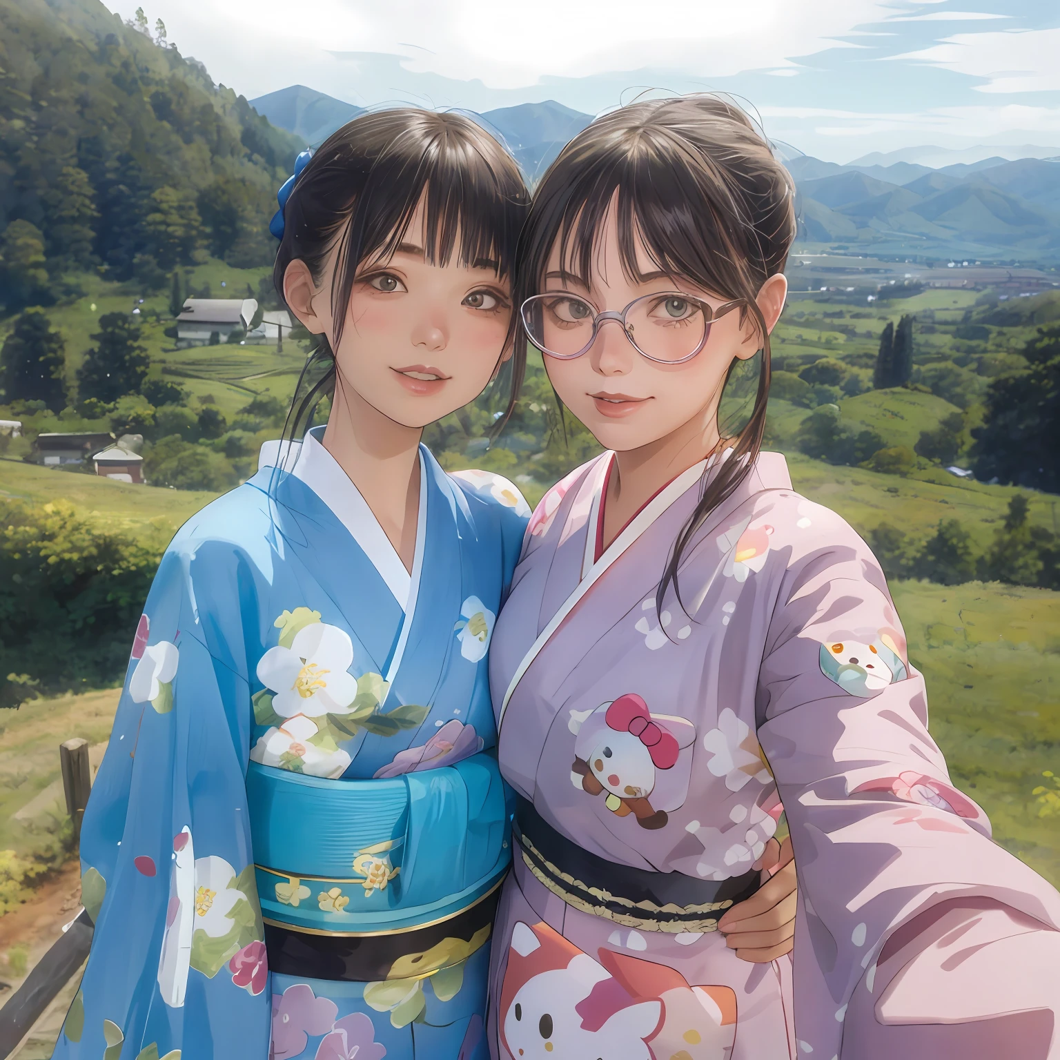 A Japan young Russian girl in a blue kimono and a young Russian girl wearing a purple kimono with lots of Sanrio characters printed on it and round glasses on her face are taking a selfie. Japan girl puts her hands on the waist of a Russian girl. The background is a farming village in Nara Prefecture in Japan, a landscape seen from a high mountain, with a blue sky, distant mountains, spreading fields and greenery
