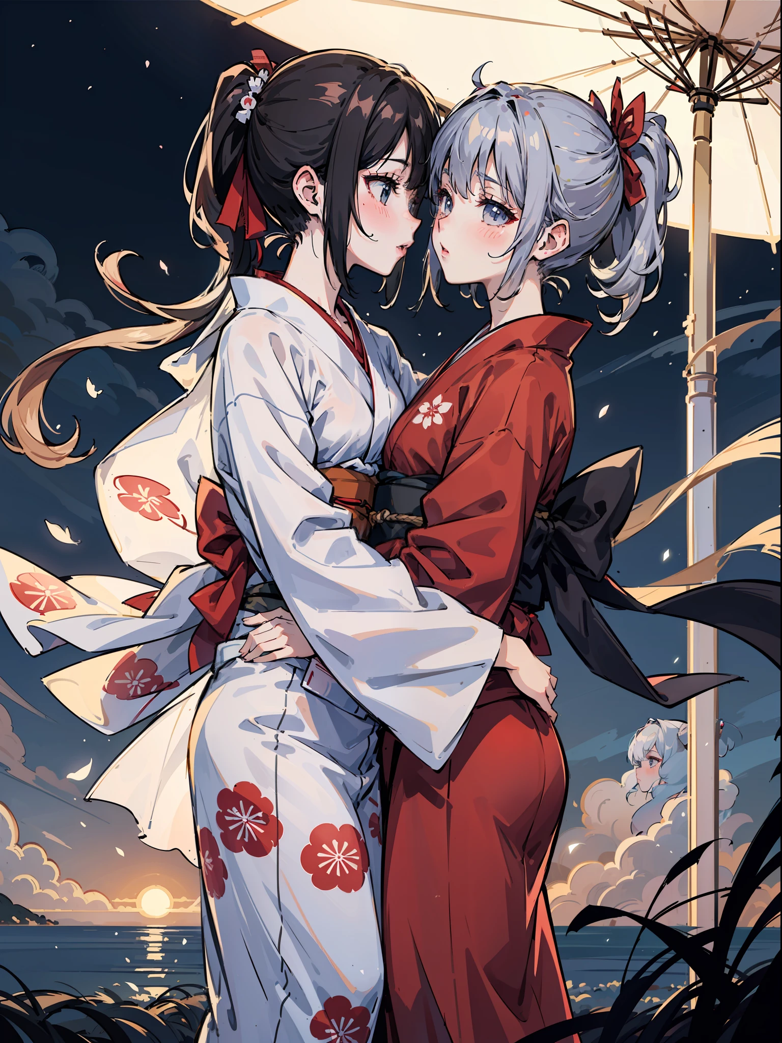 Obra maestra, calidad súper alta, súper detalle, dibujo perfecto, Dos hermosas chicas, (((beso francés))) samurai, yukata, cola de caballo negra, colas gemelas de pelo gris, cabello atado con una gran cinta roja, equipado con espada japonesa, rubor (0.2), escena nocturna, frescura, corriente de viento, Elegancia, hermoso fondo, Dibujo preciso, dibujo detallado