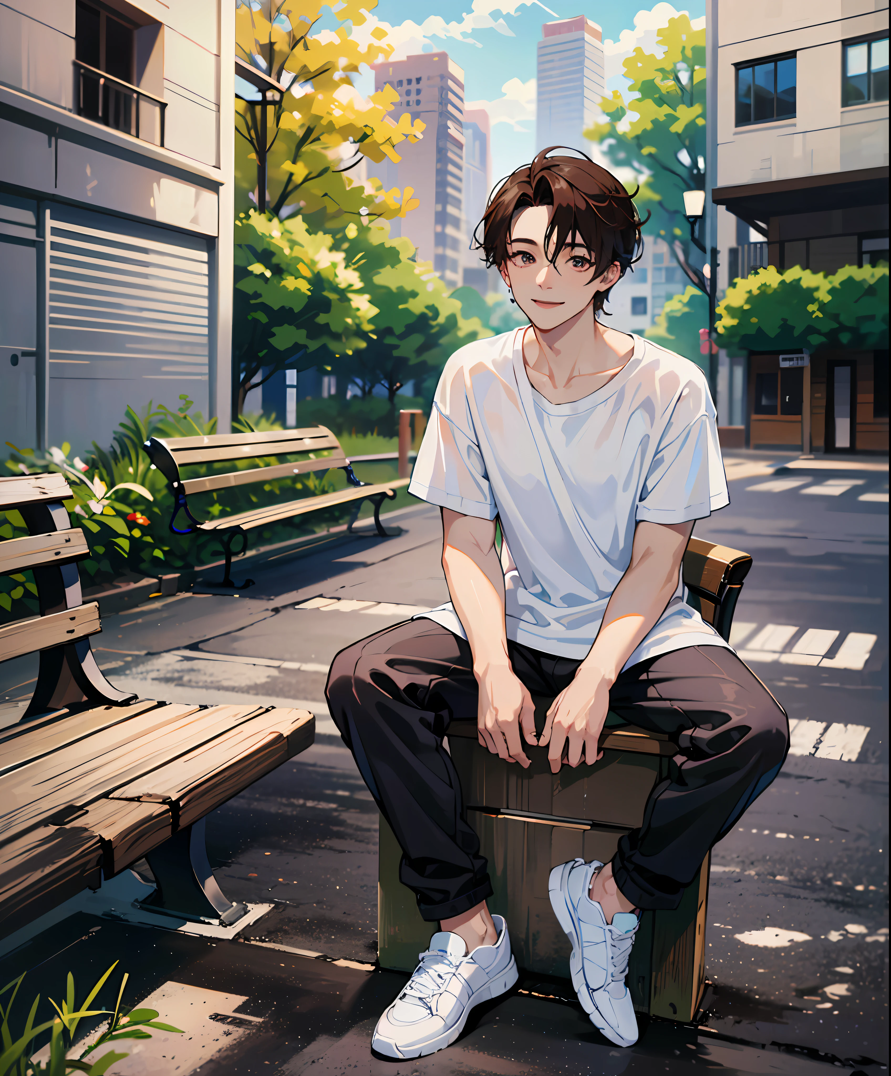 (absurdres, highres, ultra detailed, HDR), masterpiece, best quality, 1boy, solo, handsome, dark brown hair, finely eye and detailed face, forehead, ((loose white t-shirt)), sneaker, (pale and white skin), look at viewer, ear piecing, , smile, sitting on bench, park in background, full body view