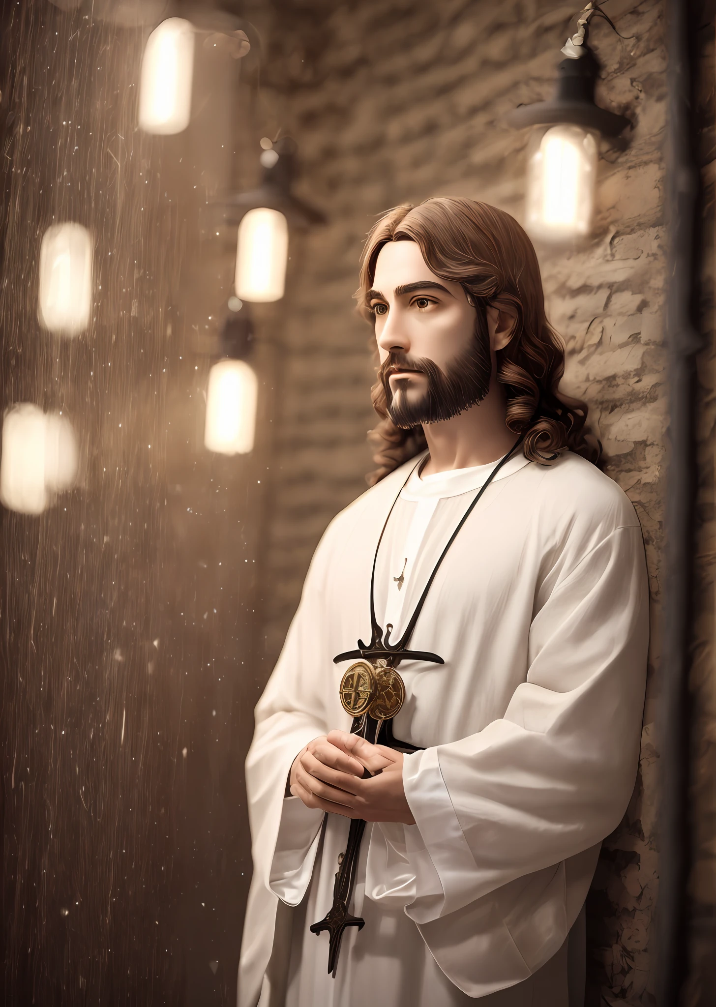 Jesus in luxurious hall, gentle expression, light streaks falling from the sky, masterpiece, highest quality, high quality, highly detailed CG unit 8k wallpaper, award winning photo, bokeh, depth of field, HDR, flood, chromatic aberration, realistic, very detailed, art station trend, CGsociety trend, complex, high detail, dramatic, midway art, volumetric lighting