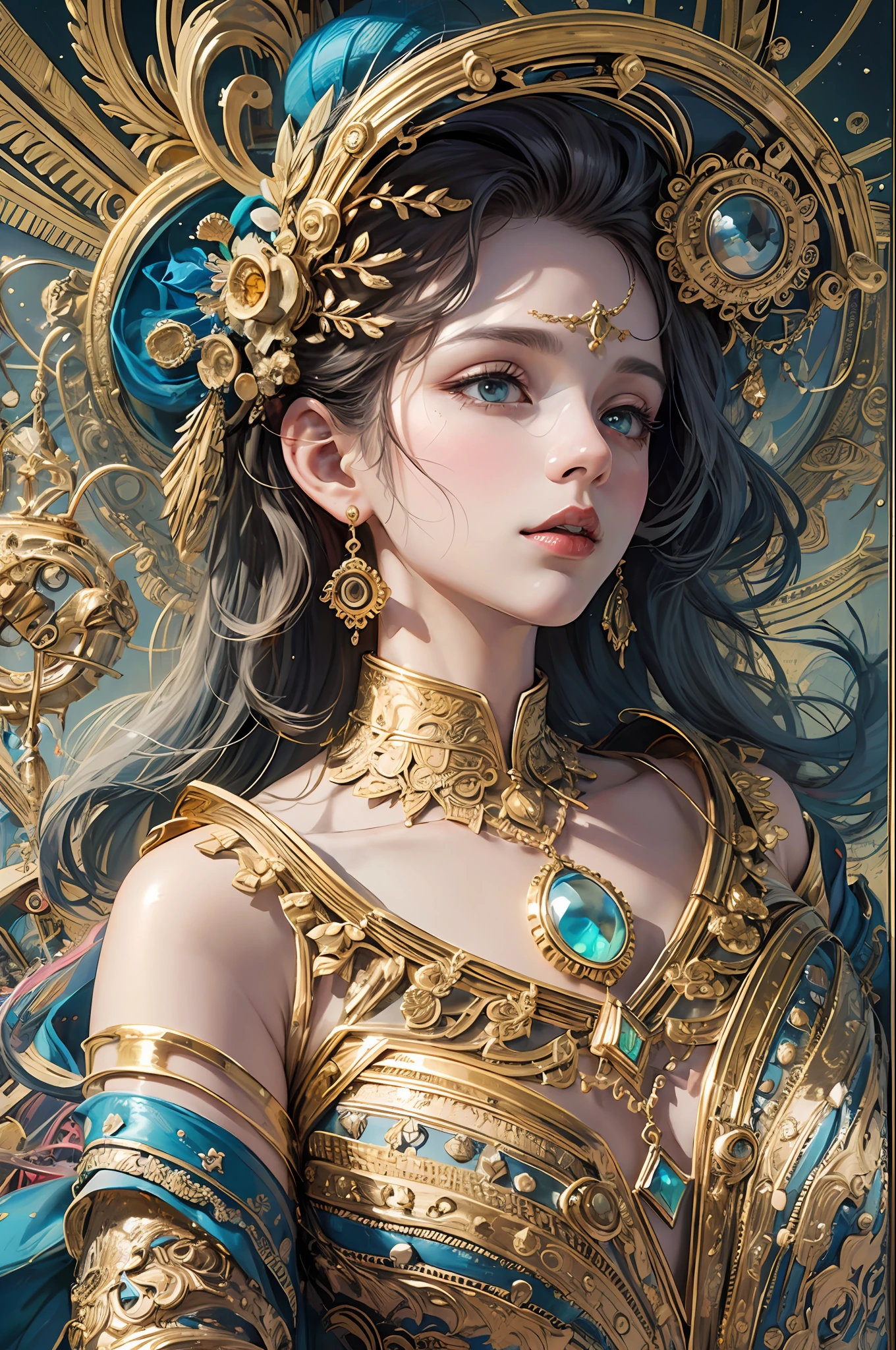 (masterpiece, top quality, best quality, official art, beautiful and aesthetic:1.2), (1girl), extreme detailed,colorful,highest detailed, official art, unity 8k wallpaper, ultra detailed, beautiful and aesthetic, beautiful, masterpiece, best quality, (zentangle, mandala, tangle, entangle) ,holy light,gold foil,gold leaf art,glitter drawing, PerfectNwsjMajic