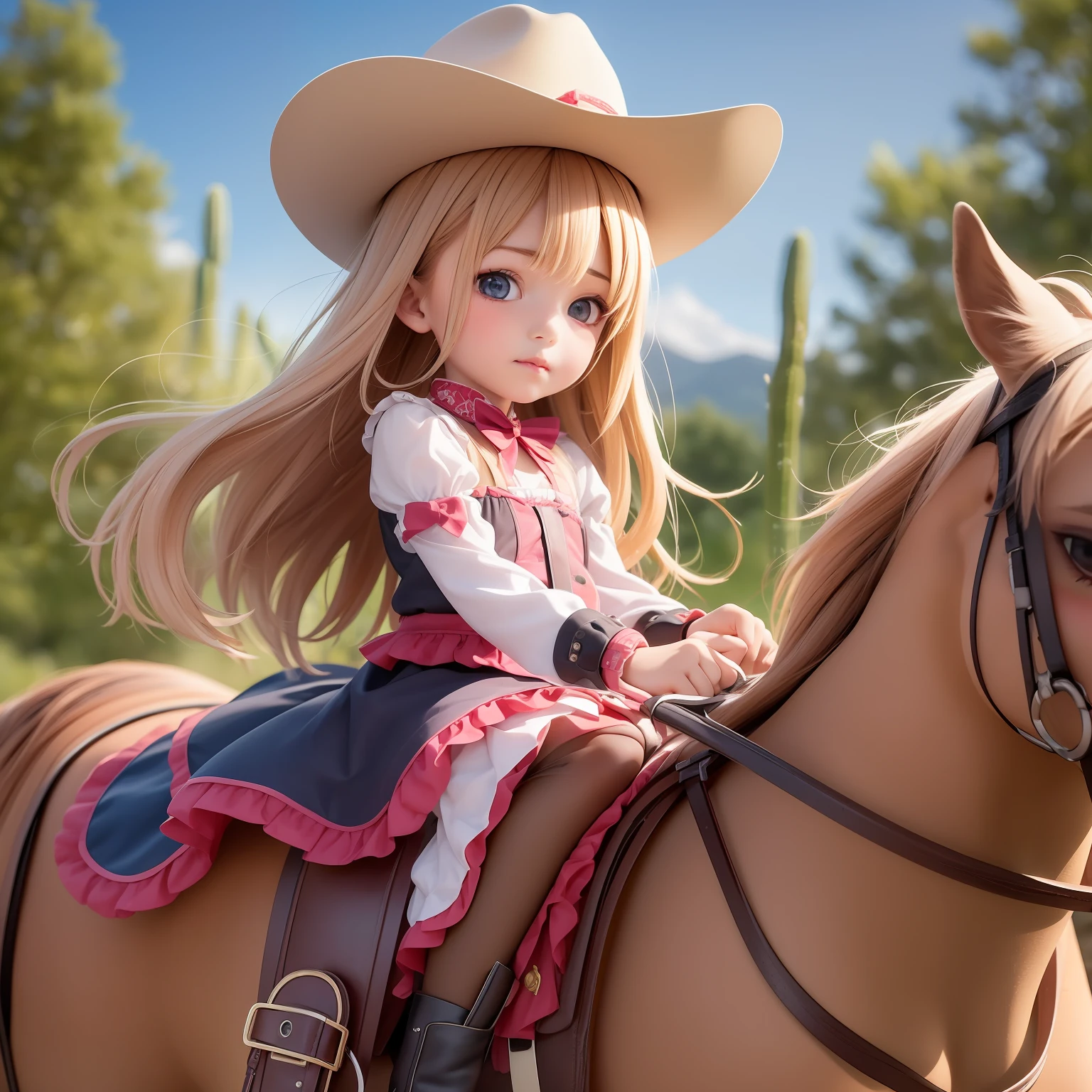 ((6year old girl:1.5)), complete anatomy, children's body, child, super cute, girl, , random poses,random angles,

Old West cowgirl riding a horse in a desert with cactus,horse riding, cowboy hat,Accurate riding posture, riding leg position,

 beautiful girl, 1 girl, , petite girl, top quality, masterpiece, high eyes,drooping eyes,(realism: 1.2)), petite, bangs, tall eyes, natural light,(aquamarine eyes),bangs, beautiful girl with fine details, Beautiful and delicate eyes, Beautiful girl, detailed face, Beautiful eyes, beautiful shining body, 8K images,