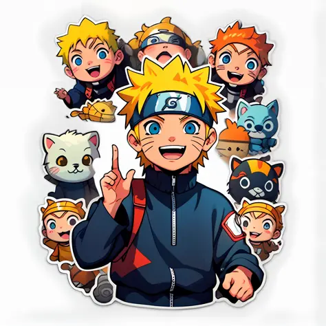 1 sticker, hand account, (sticker, a boy, Naruto Uzumaki, Q version, laughter, cheerful), white background, simple background, p...