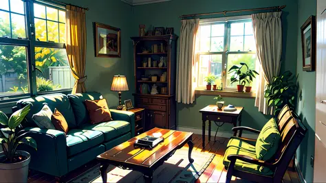 living room, sofa, window, curtain, dappled sunlight, potted plants, table, cupboard, bookcase, paper, table lamp, typewriter,
d...