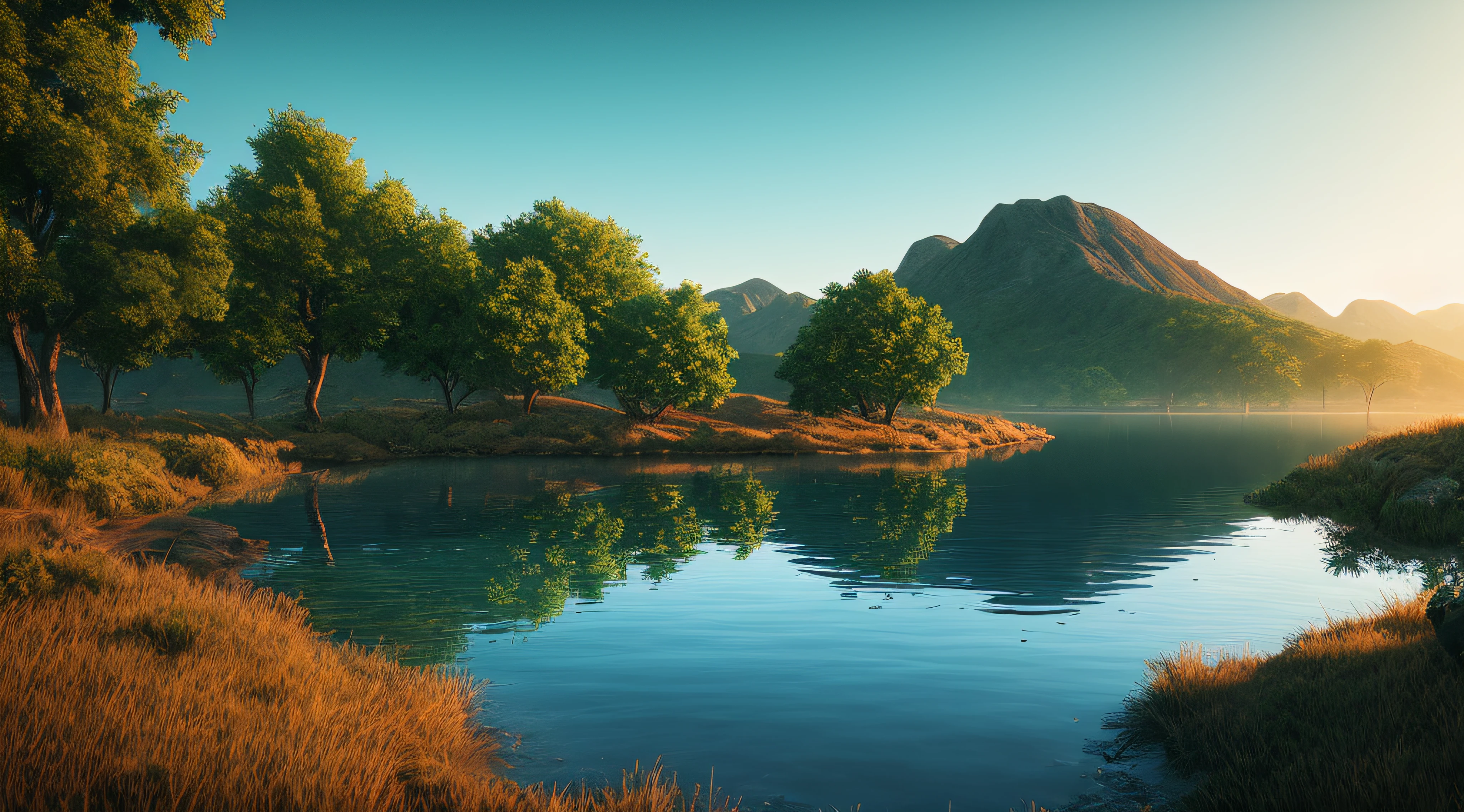 A peaceful place, very pleasant, aesthetic, calm, scenic. photorealistic, 8k uhd, studio quality, ultra realistic, max detail, massive scale, post-processing, realistic, photorealism, photoshop, photography, detailed, cinematic lighting, landscape, panoramic, landscape, raytracing, cinema4d