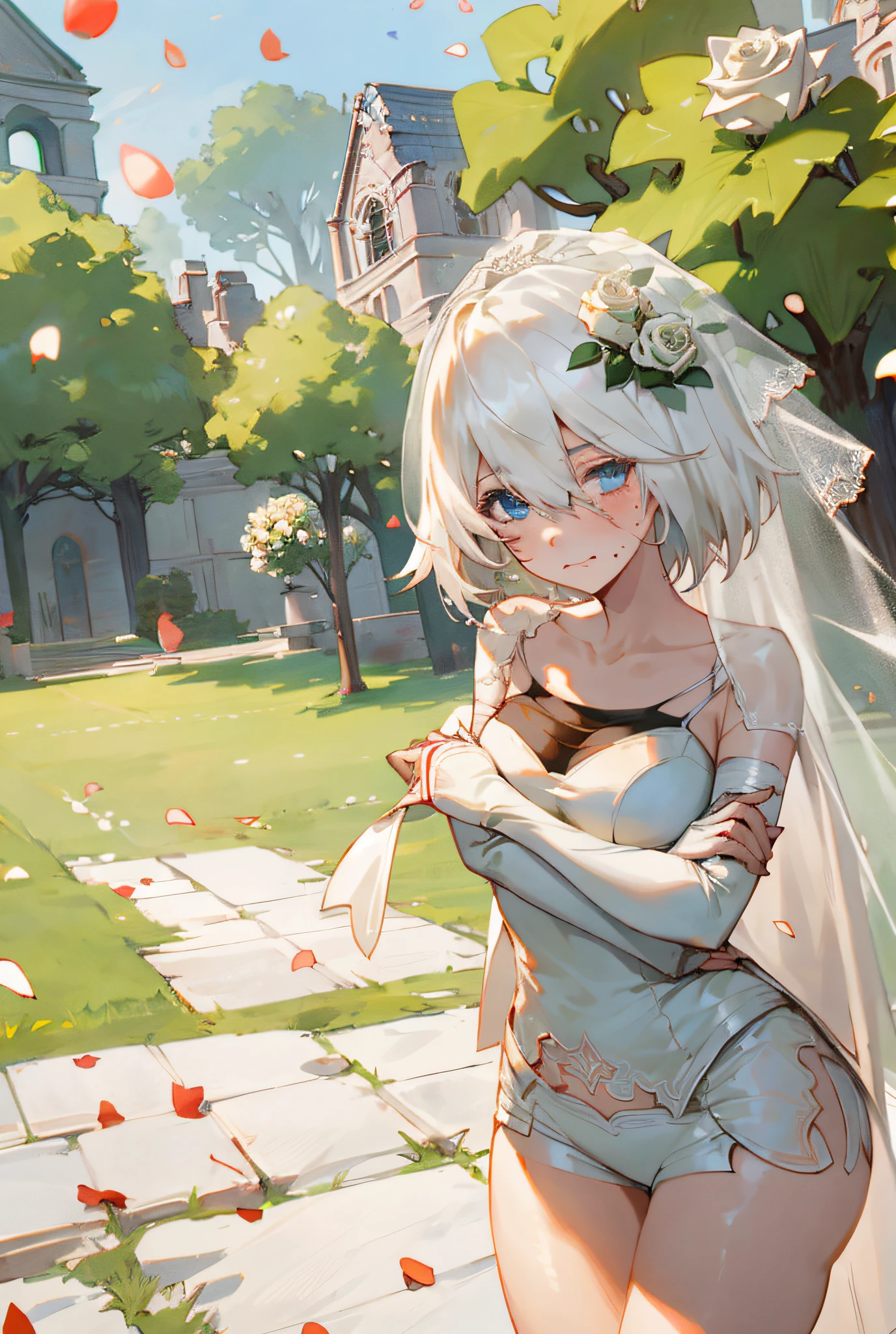 Masterpiece, best quality, 1 girl, Nier.2b\ (bride\), hair in one eye, bridal veil, dress, thighs, faint smile, arms crossed, church, (white rose petals),