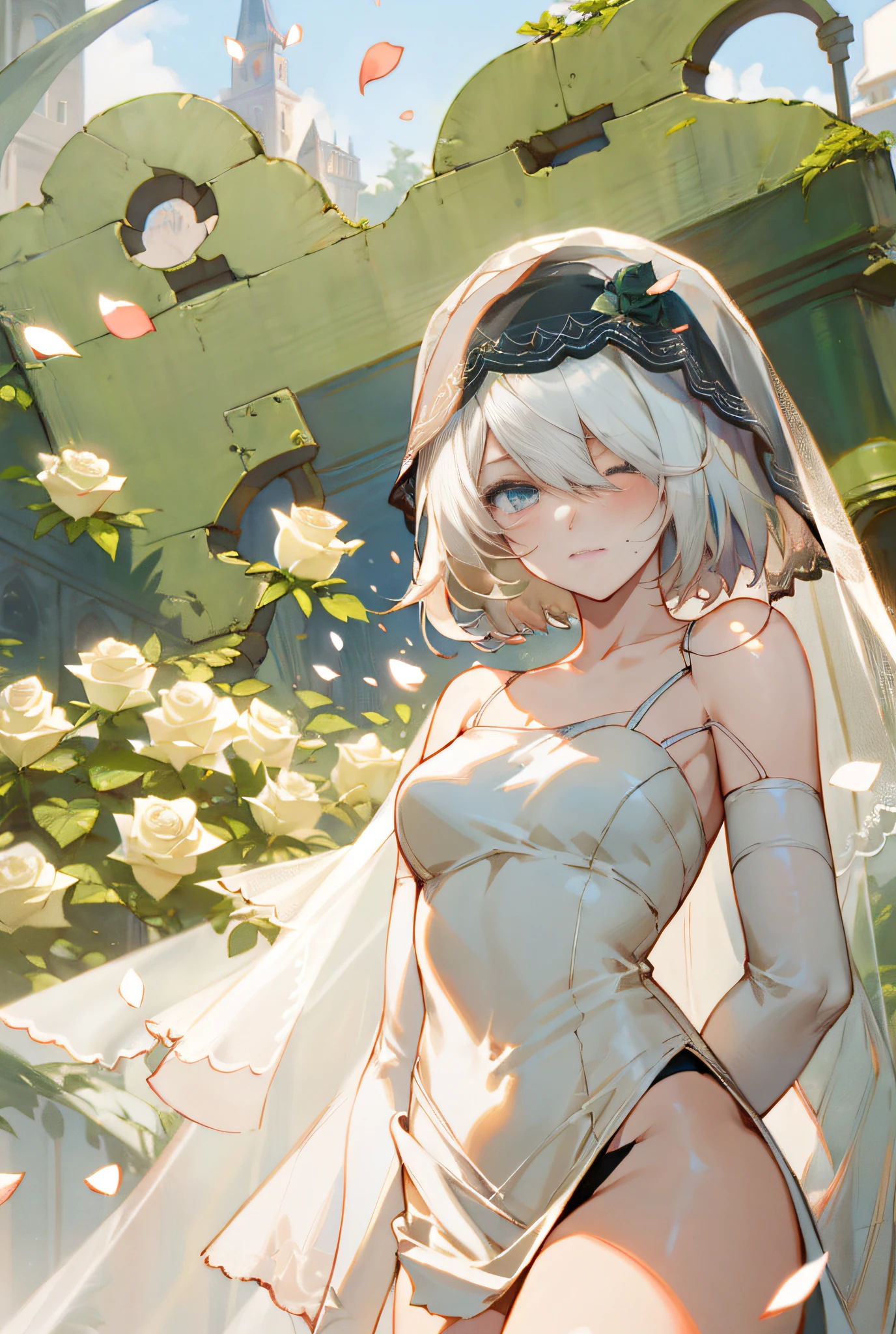 Masterpiece, best quality, 1 girl, Nier.2b\ (bride\), hair in one eye, bridal veil, dress, thighs, faint smile, arms crossed, church, (white rose petals),