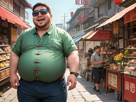 1 man, slightly chubby man from a distance, strong, talking, laughing, Chinese face, standing, sunglasses, 30 years old, antique market, wide environment, ((ultra-realistic details)), Chinese Republic of China style, 8k,