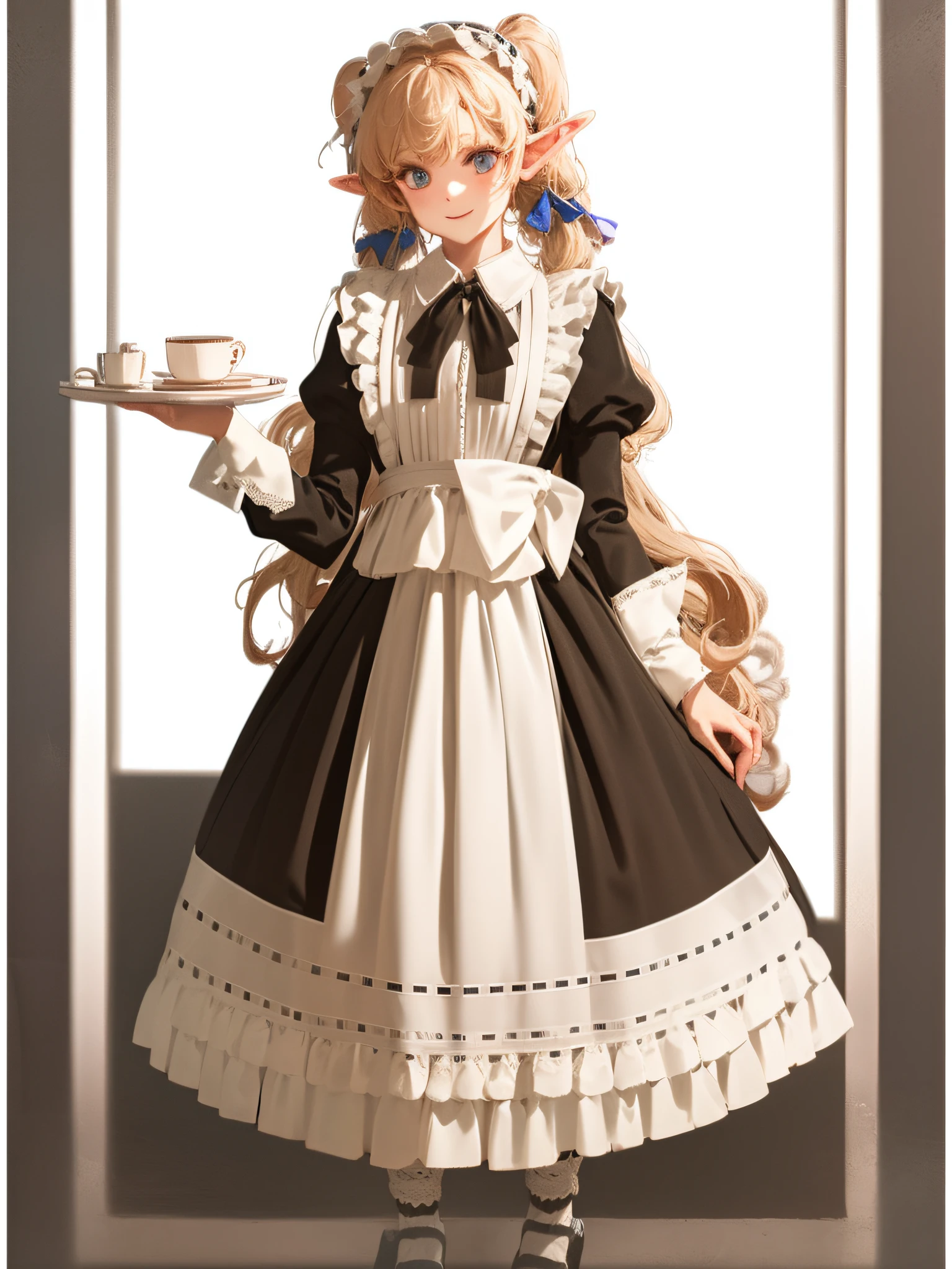 elf, girl, solo, full body, platinum blonde,twin tails, blue eyes, smiling, standing, holding a silver tray in one hand, with a ceramic tea set on the tray, 
Maid dress in a long dress in solid black (long sleeves, puff sleeves, white cuffs, cuffs with one black button, white collar, skirt to heel), 
white long apron dress (apron with breastplate, length to hem of skirt, shoulder straps, white lace ruffles at shoulder straps, large ribbon knot at the back), 
Red Ascot Thailand, Cameo to Ascot Thailand,
head headband with white lace ruffles, 
white stockings,
white panniers (lace hem of panniers), 
black enamel shoes (high heels),
Mucha style background